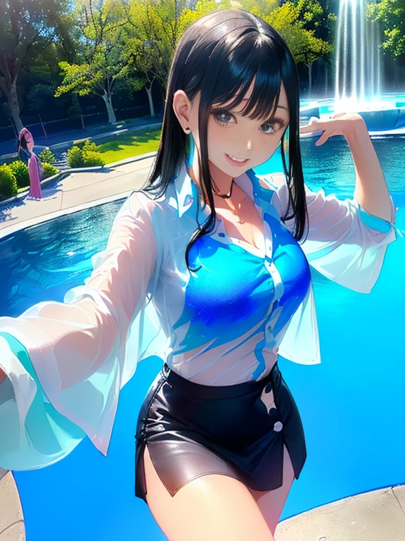 A woman wearing a shirt and an ultra-short pleated skirt whose clothes are wet with water become transparent, that the top disappears, that there is no bra, that which is not panties