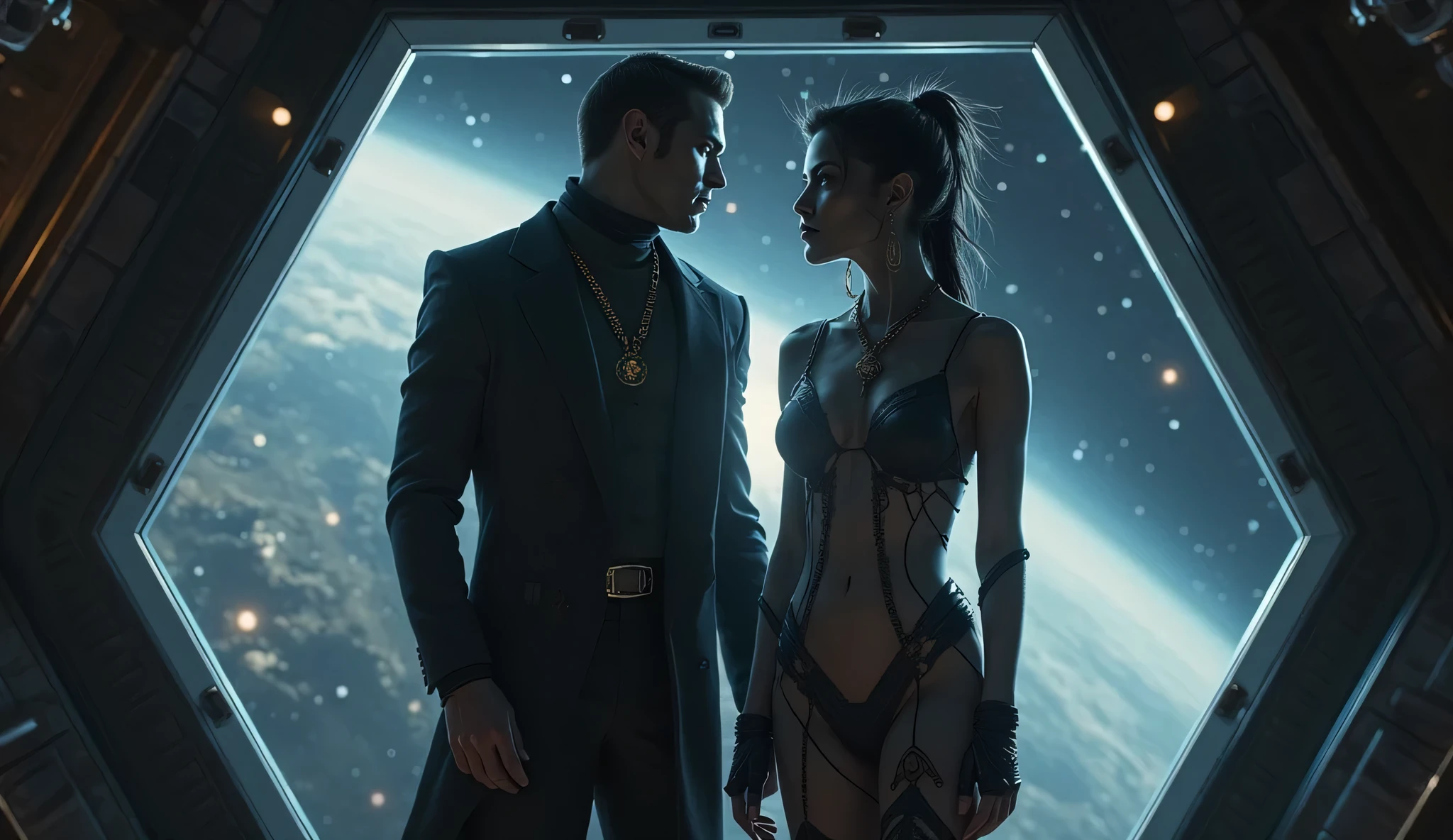 Sultry and Beautiful young woman with a soul of pure evil and hatred. brunette haired, blue eyed supervillain dressed in a sleek skintight black costume with white stars all over, white thigh high boots and white 3 quarter sleeve gloves. She is using her power over gravity to kill a costumed hero with black hair dressed in a blue and silver costume.  He is in agony. She has a smile crossing her thin black lips. The setting is inside an alien spaceship.