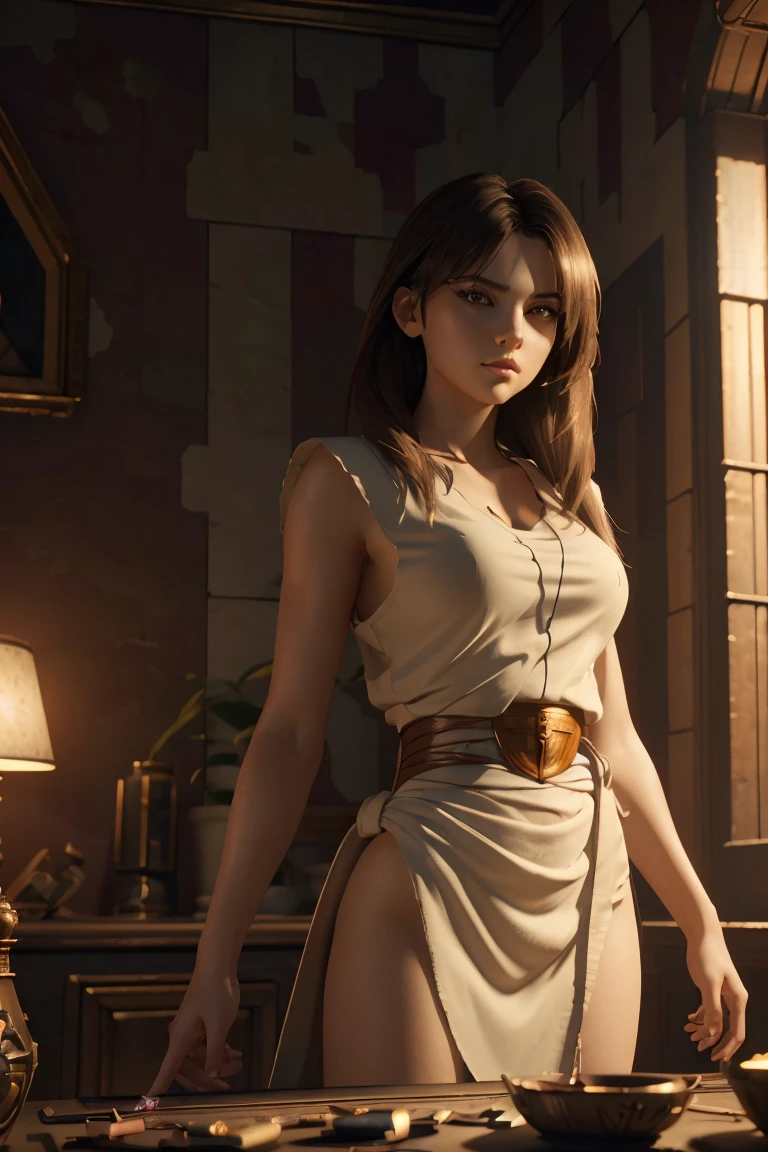 (upper body shot) of young European Instagram model, big breasts, revealing dress, gorgeous and pretty face, happy smile, eye contact, looking at viewer, (natural skin texture), action-packed, luxury interior, photorealism, Octane render in Maya and Houdini, light, shadows, reflections, photorealistic, masterpiece, smooth gradients, no blur, sharp focus, photorealistic, insanely detailed and intricate, cinematic lighting, Octane render, epic scene