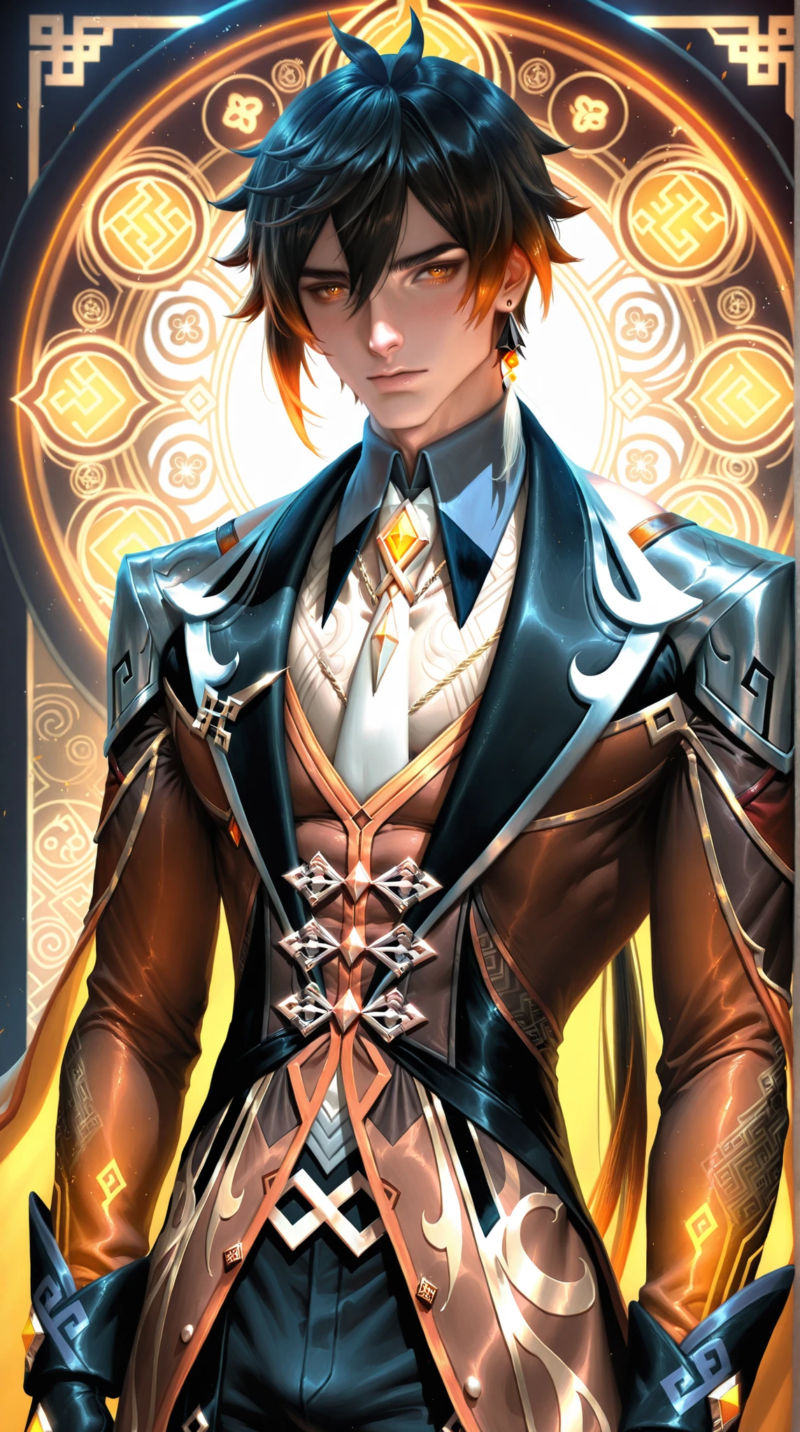(Sakimichan:0.7), 1boy,male,Zhongli(Genshin Impact), black hair with orange tips, expressive yellow eyes,lack clothes with accessories, jewelry, ornate patterns, semi-realism,masterpiece, best quality,absurdres