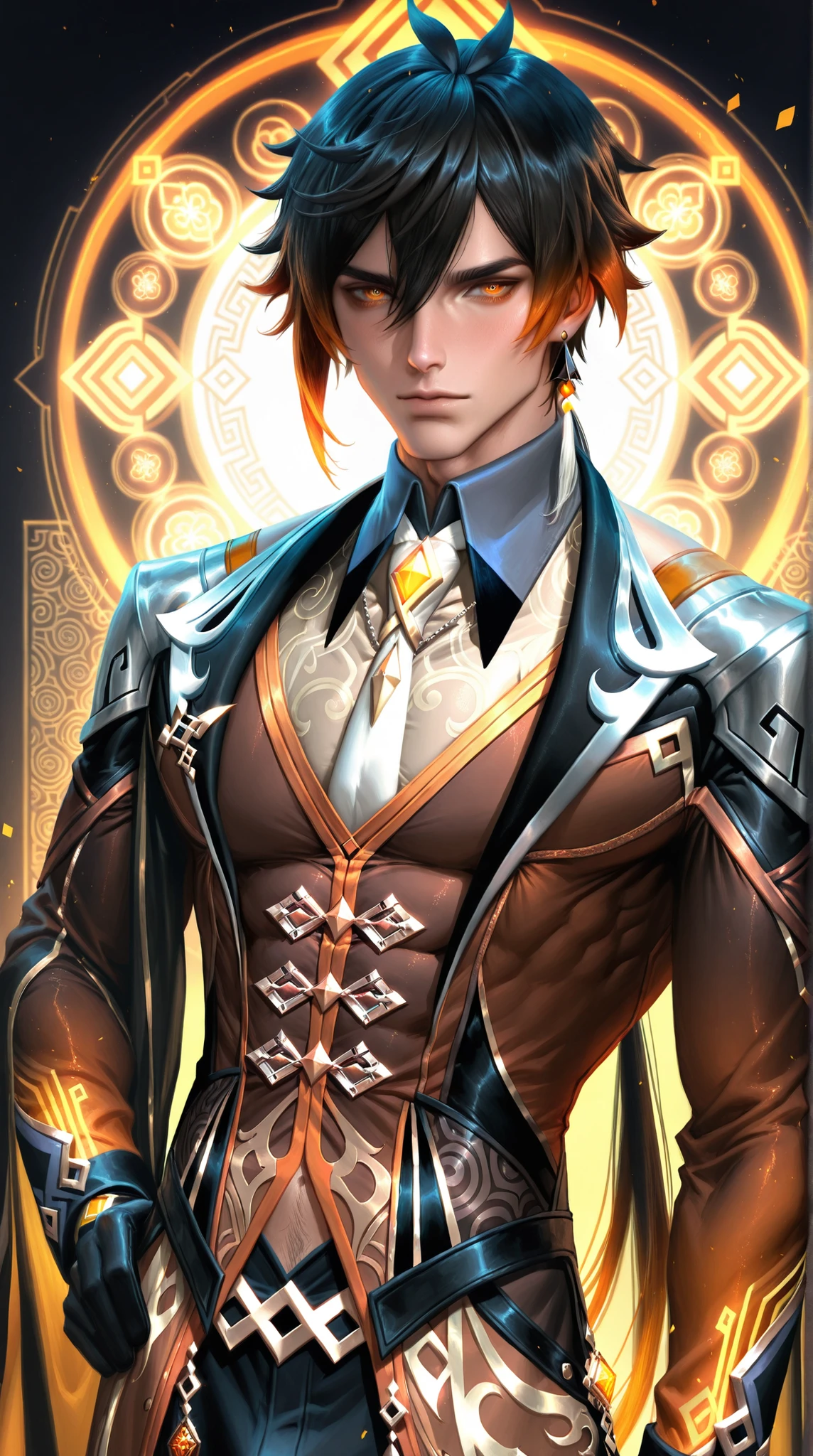 (Sakimichan:0.7), 1boy,male,Zhongli(Genshin Impact), black hair with orange tips, expressive yellow eyes,lack clothes with accessories, jewelry, ornate patterns, semi-realism,masterpiece, best quality,absurdres