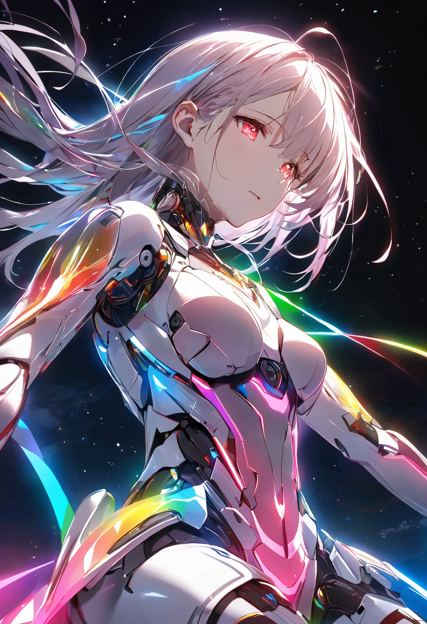 (glow line art, illumination art, color of real lights, by shining glow line, and by painted transparent color of light),
side focus, (魅力的な female cyborg, solo, 軽装のプロテクターを透明な重装甲が纏います), 硝子製の審美的な透明感, from below, BREAK 透明な高性能アサルトライフルを手に持ち、射撃姿勢をとります, (\硝子製のライフル:1.6, 極めて高い透明度:1.4\), あなたに銃口を向けるモーション, 狙いを定められた 鈍い red glowing eyes, BREAK 全ての光を透過するホログラフィックなテクスチャー, 審美的な宇宙背景, from below, extreme 高い透明感, (高品質な透明感, 透明な色彩豊かな透過性のglowing, バックライトを透過して美しい透明なglowing色彩を表現, 清らかな透過率を高めます), \不透過性の色彩を絶対的に否定します\, absurd less, NSFW の要素は全て glowing でガードされます, 無重力空間の戦闘, (銃口をあなたに向けて、鋭い視線で睨みつけます), from below,
BREAK clear, cute, fantastic rainbow holographic texture, on background,