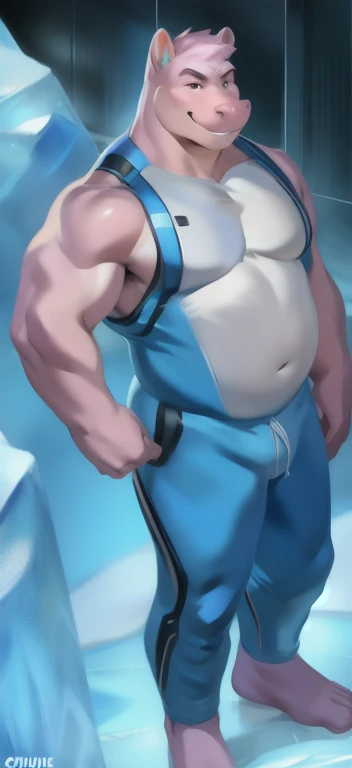 Hominidae, Pose for Camera. 4K, high resolution, Best quality, posted on e621, (Anthropomorphic blue wolf:1.2), male people, 20yr old, Thick eyebrows, Light blue fur, Ultra-short hair, shaggy, Strong body, large pecs, ((Shirtless)), He's exercising, Pink milk clusters, Golden pupils, sweat leggs, White skinny shorts, medium bulge, In the gym, 独奏, (sport, Muscular, Heavyweight:1.2), Correct anatomy, (by Chunie, author:Taran Fidler:0.8), (Detailed eyes:1.2), Sexy, (cel-shaded:1.2), cartoon shading, Serious expressions, Be red in the face, (view the viewer:1.2)