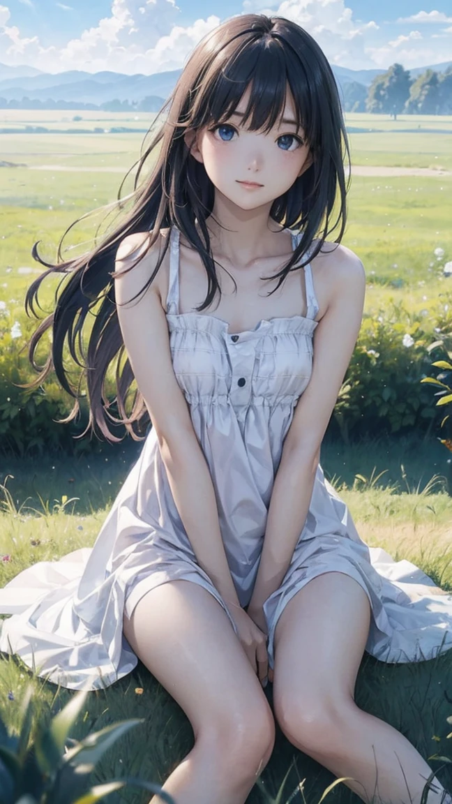 1girl Loli High_quality ,Bare feet, laughter, sunset, Long black hair --auto --s2