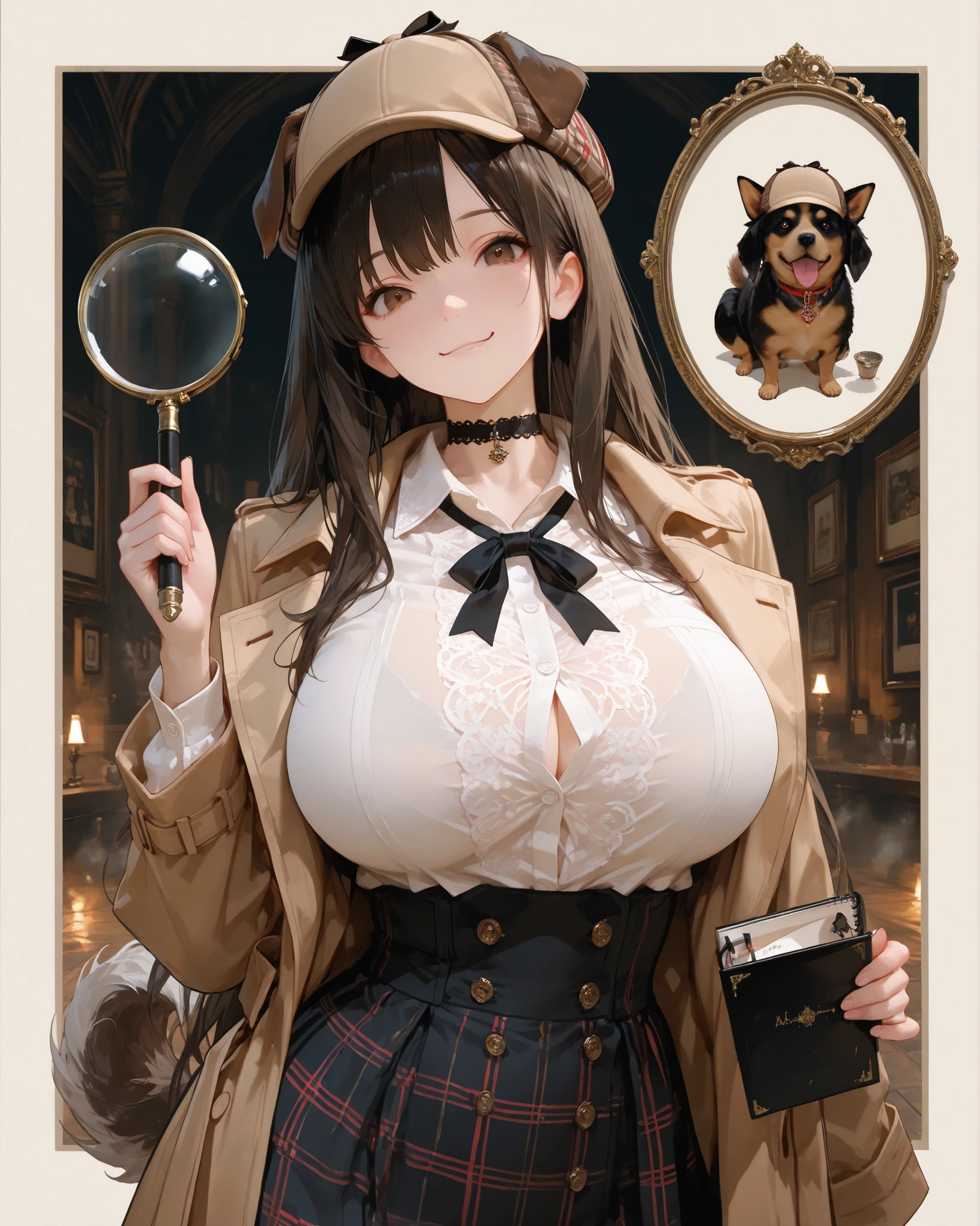 masterpiece, source_hentai, Best Quality, black, very aesthetic, high resolution, super detailed, illumination, colorful, Absard Dress, newest,Dog Detector,
expressive eyes, upper body, Detailed Faces, beautiful face, foot, one girl, Super long hair, dark hair, dog girl, (big),thigh, white shirt with ribbon ties, check skirt, beige trench coat, deerstalker, dynamic pose soaked in hot springs, (has a magnifying glass, small notebook), choker, (has a magnifying glass, small notebook) Dog Ears, Dogtail , brown eyes , dynamic illumination, cinematic illumination, 19th century London background,.
(with a charming smile), (Detail Cartoon illustrations), (detailed line draw), (( Perfect )), (intricate details:1.3), (Super Details:1.3), ( illustrations:1.3), ( concentrated:1.3), ( natural light:1.05),, immense , , full body,