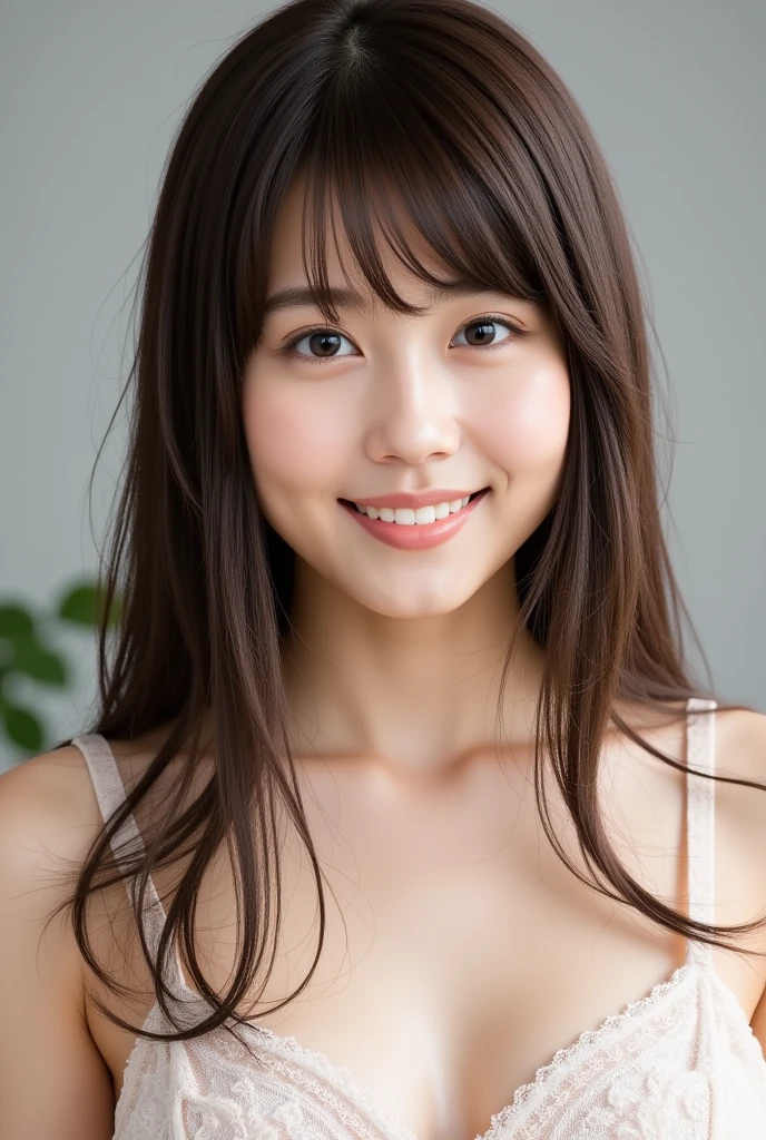 masterpiece,best quality,(Japanese ),((Beautiful girl)),cleavage,indoor,(perfect body beauty:1.2),(shy smile),beautiful teeth,