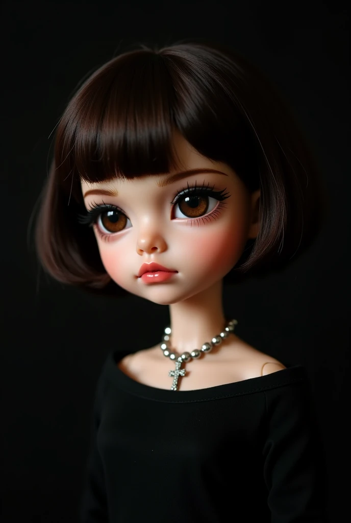 Blythe doll dark brown hair, big black eyes, small thick lips, pink dress with strawberries 