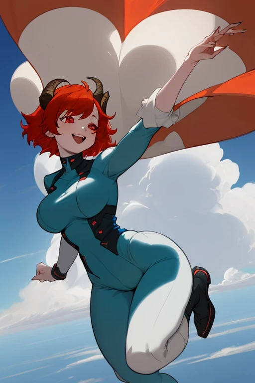venom, huge breasts, skin tight, bodysuit, breasts, arms between legs, spread legs, leaning_forward, ponytail, bangs, long hair, straight hair, Yoko Littner, red hair, red eyes, smile, ahegao, rolling eyes, blush, ponytail, :d,