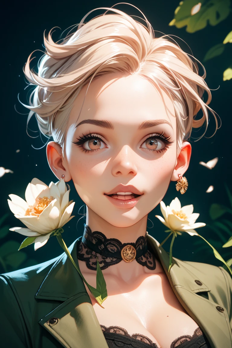 An anime girl with short blonde hair and dark green with a graceful figure, beautiful anime portrait, Ruben style 8K, beautiful  happy girl, Rubens art wallpaper 8 K, beautiful  flowers around her, super delicate, in line with common sense