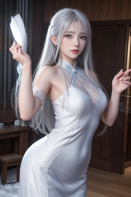 realisticlying, A high resolution, 1 rapariga, White color hair, korean people, eBlue eyes, The transparent cheongsam is flying，Sheer tight-fitting garments，Beads of sweat dripped down the buttocks，Large chest，Wide buttock， your ass，Butt visible，Visible on the back，buttocks visible，Ass pouted，wide wide shot，Cinema lenses，The skin glows，space ship，space ship，space ship，space ship，