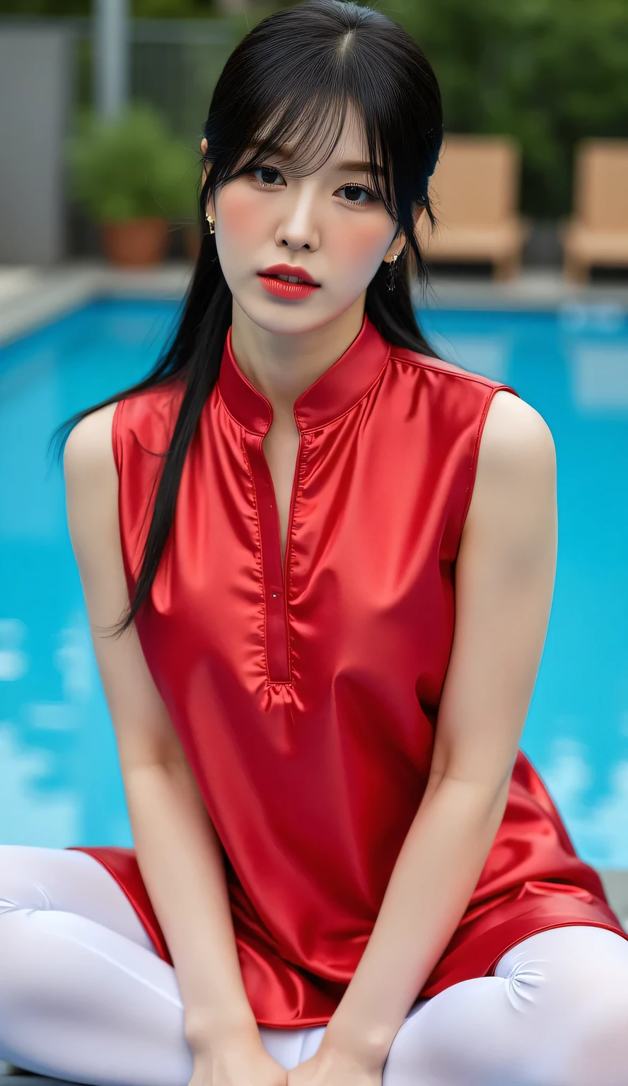 a woman, pool background, Sitting by the pool , shirt looks full body, body facing front, eyes looking at camera , wearing a wet sleeveless muslim shirt in red satin material, white color leggings, big size G-cup, thick red lips, seductive face, black color ponytail hair, all over wet body