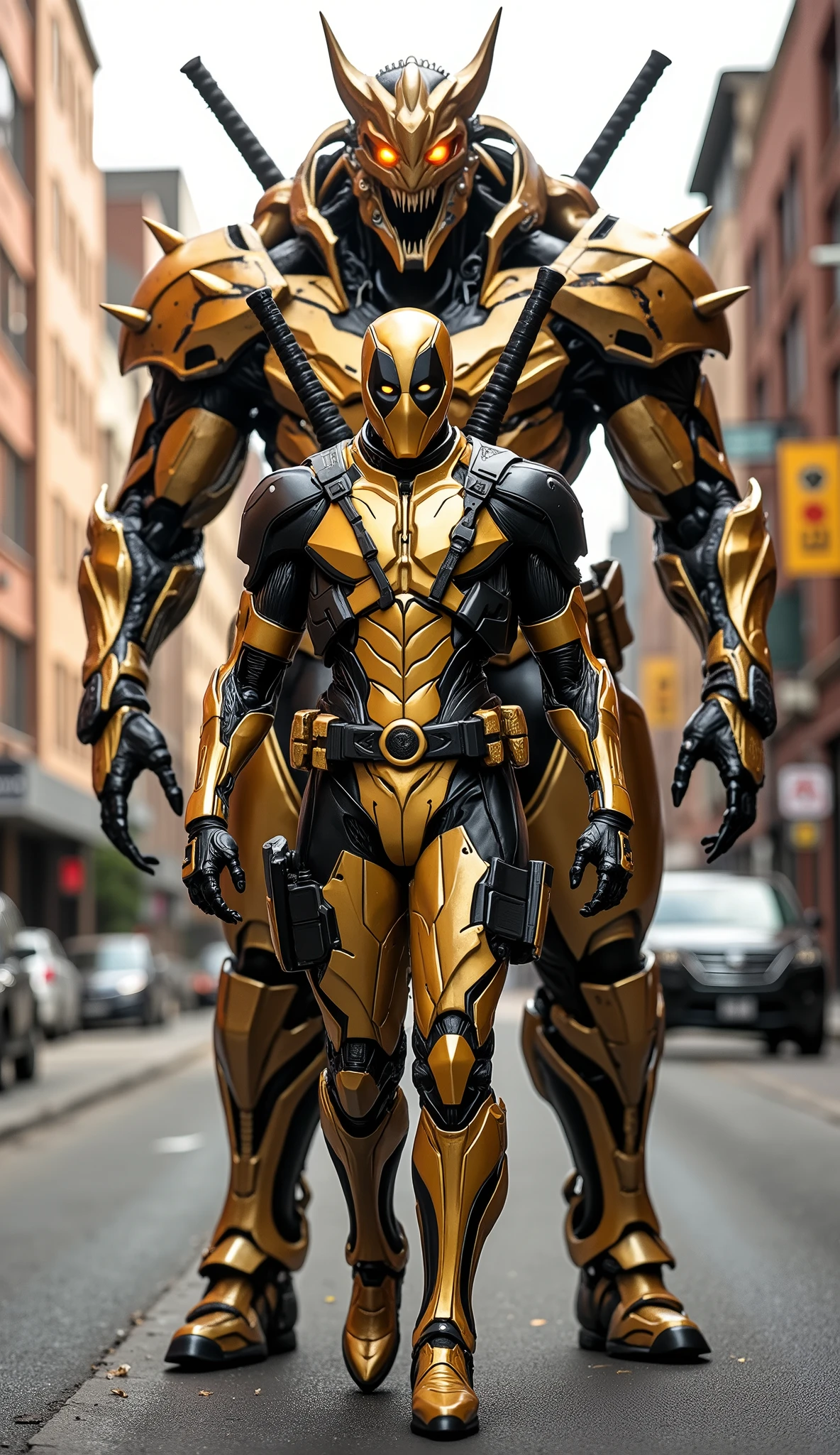 AI Prompt:
Deadpool wears a gleaming gold version of his classic suit, combining matte and metallic gold fabrics with black tactical accents on gloves, boots, and utility straps. His chest bears a polished gold Deadpool emblem, and the armor texture features realistic stitching and engraved patterns, giving a royal yet battle-ready look. He walks forward with a bold, confident posture, head slightly tilted with a mischievous expression. Twin katanas with golden hilts are strapped to his back, and a golden pistol is secured on his thigh.
Behind him stands a 9-foot-tall humanoid monster bodyguard, fused with a golden warlord aesthetic. Its body is massive and muscular, covered in glowing gold-plated armor merged into rugged skin, with black energy veins pulsing beneath the surface. Its face is a monstrous fusion of beast and machine, with sharp fangs, glowing amber eyes, and a golden mask-like crest. Spiked pauldrons, heavy gauntlets, and a crown of horns reinforce its fearsome presence.
The background is a modern city street, quiet and empty, with natural sunlight casting warm highlights and deep shadows. Captured in a medium full shot, the scene highlights Deadpool and his golden monster guardian in ultra-realistic, cinematic style.