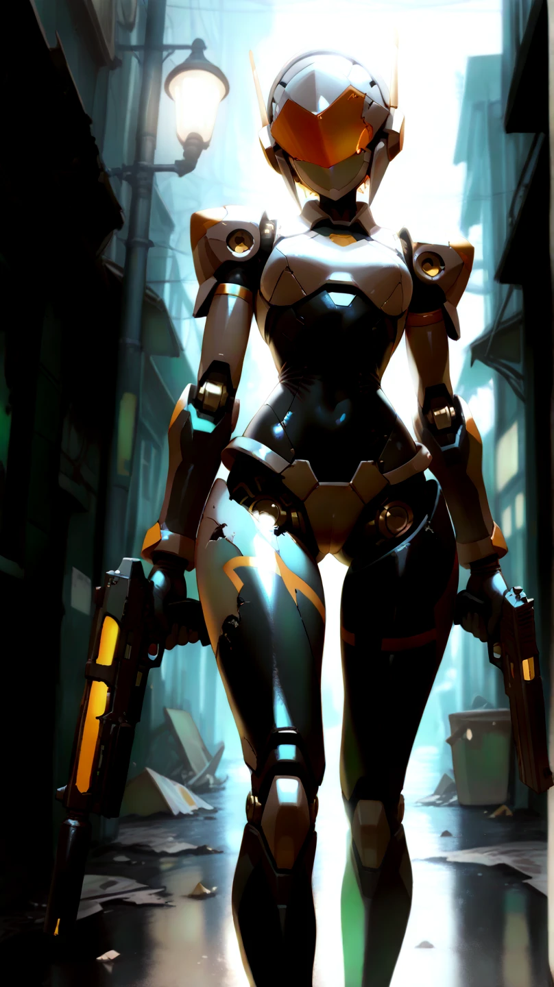 combine assassin, 1girl, solo, helmet, faceless, gloves, looking at viewer, facing viewer, military, science fiction, gas mask, shoulder armor, armor, bulletproof vest, petite, breasts, (jumping, floating, flying), from behind, night