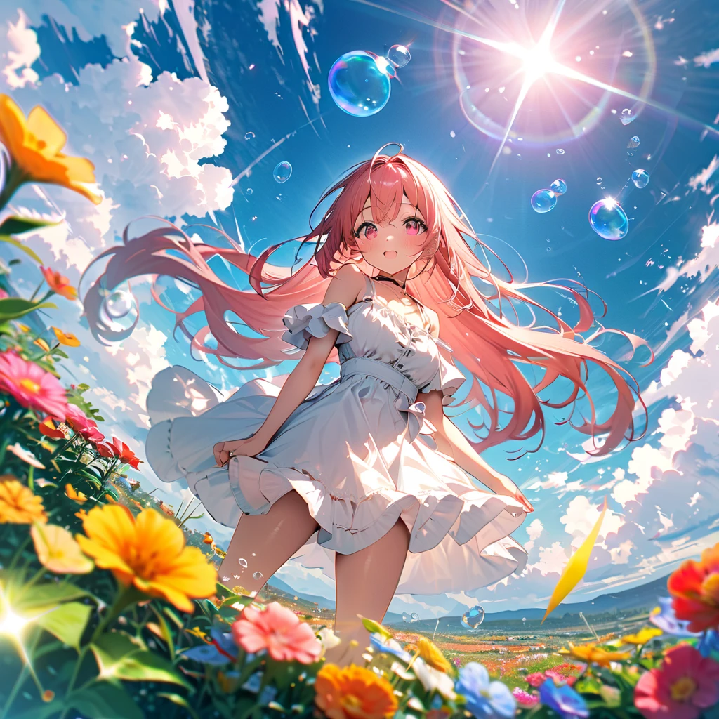 A stunningly ethereal woman, composed of a dazzling array of rainbow hues, reclines gracefully at the end of a radiant rainbow amidst the fluffy clouds in the sky. Bathed in dynamic and enchanting lighting, accentuates her vibrant, full-bodied form. Fantasy art. Masterpiece