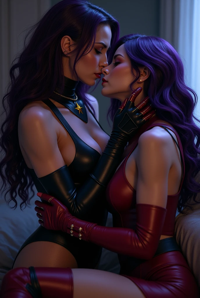 There are 2 adults European women , Caressing each other, lesbian, making love together, Purple and Ginger hair, Eye shadow, natural makeup, long curved hait, beautiful chest, Second Life Avatar, Beautiful screenshot, Second Life, attractive woman, high quality, highly detailed skin, dynamic pose