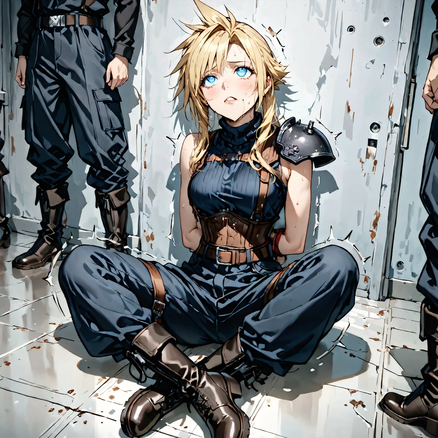 best quality, highres, and18, 1girl, android 18, solo, blonde hair, blue eyes, long hair, earrings, jewelry, denim vest, open vest, black pantyhose, black shirt, denim skirt, striped long sleeves, blue skirt, large breasts, cowboy shot, street, gagged, , bound, seated on the floor, full body view, tape gag, tape on the mouth, secured, tight knots