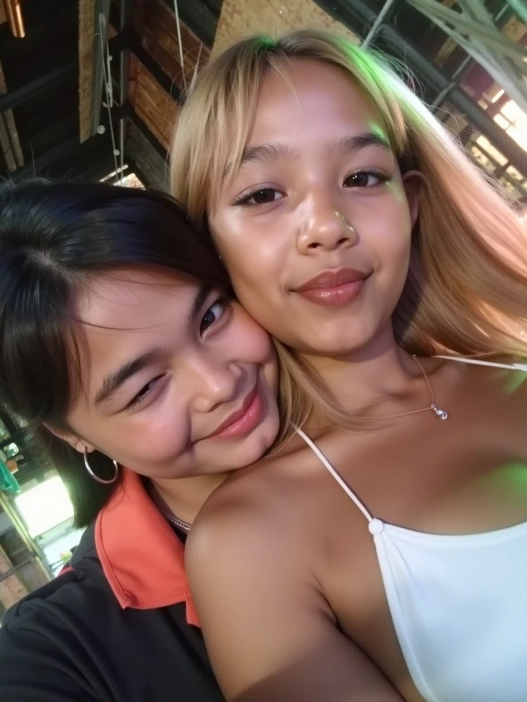 there are two women taking a selfie together in a bar, posing together in bra, 2 , 2, leaked photo, 2 , 1, older sister vibes, she is about 20 years old, she is about 2 0 years old, 2 , 2 , leaked image, Big tits, huge tits, from above, major cleavage, cleavage showing, deep cleavage, low cut shirt, huge tits