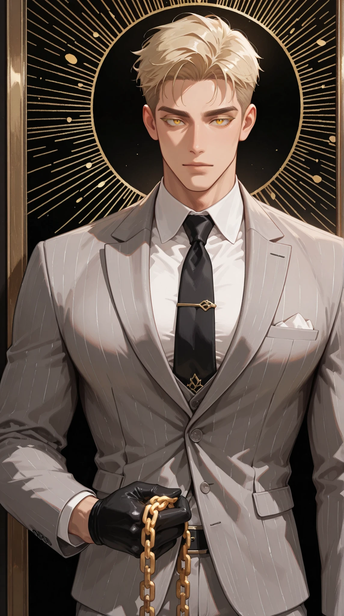 adult male, handsome, tall, Sung Hyunjae, ash-blonde hair, expressive yellow eyes, blonde eyelashes, The S-Classes That I Raised, solo, a sexy man holding a golden chain, handsome, sensual, gray suit, black necktie, white shirt, black gloves, ,, ultra-detailed, intricate details,masterpiece, best quality, amazing quality, hyper-detailed, newest, very aesthetic