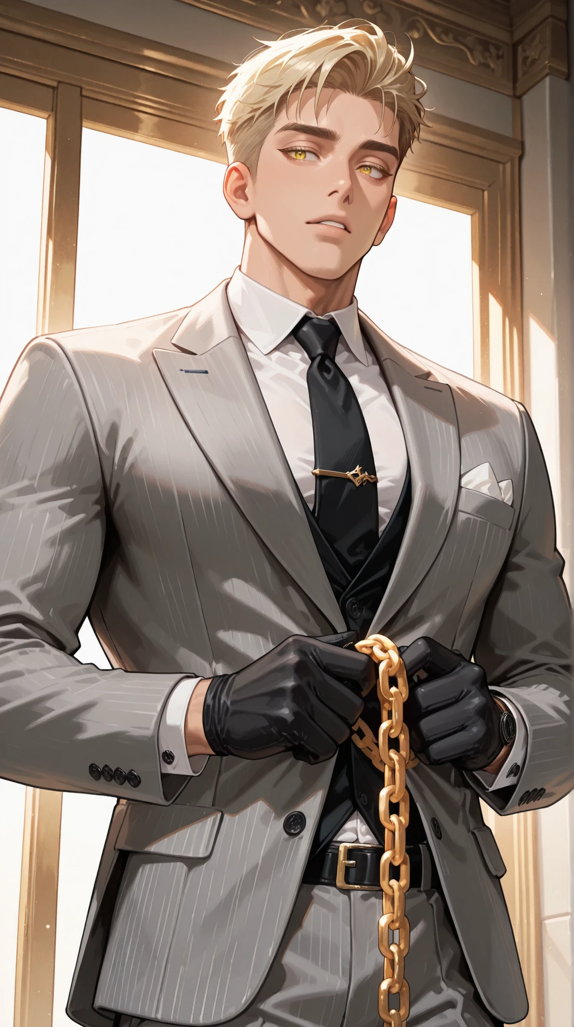 adult male, handsome, tall, Sung Hyunjae, ash-blonde hair, expressive yellow eyes, blonde eyelashes, The S-Classes That I Raised, solo, a sexy man holding a golden chain, handsome, sensual, gray suit, black necktie, white shirt, black gloves, ,, ultra-detailed, intricate details,masterpiece, best quality, amazing quality, hyper-detailed, newest, very aesthetic