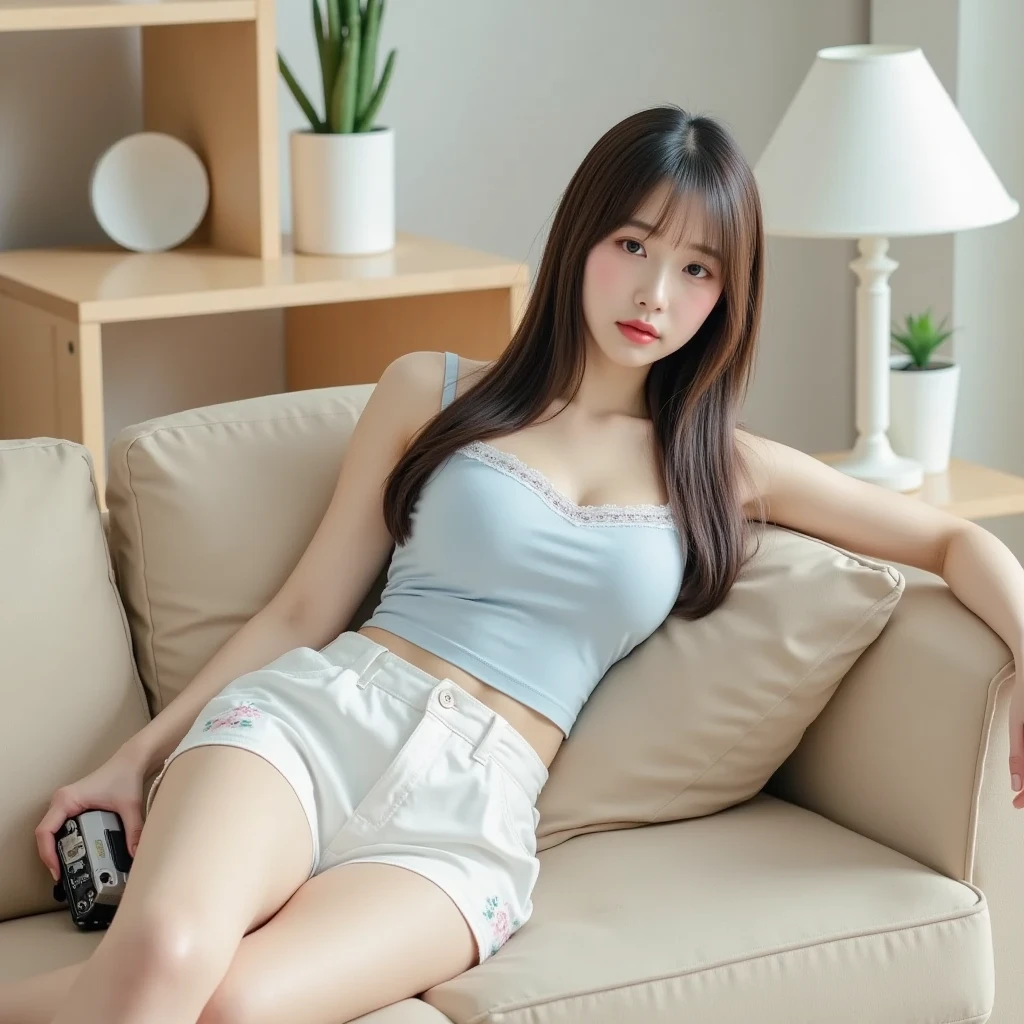 Korean girl with brown hair, Bigger boobs with dolphin shorts and a white bra  almost poking out posing for a photo