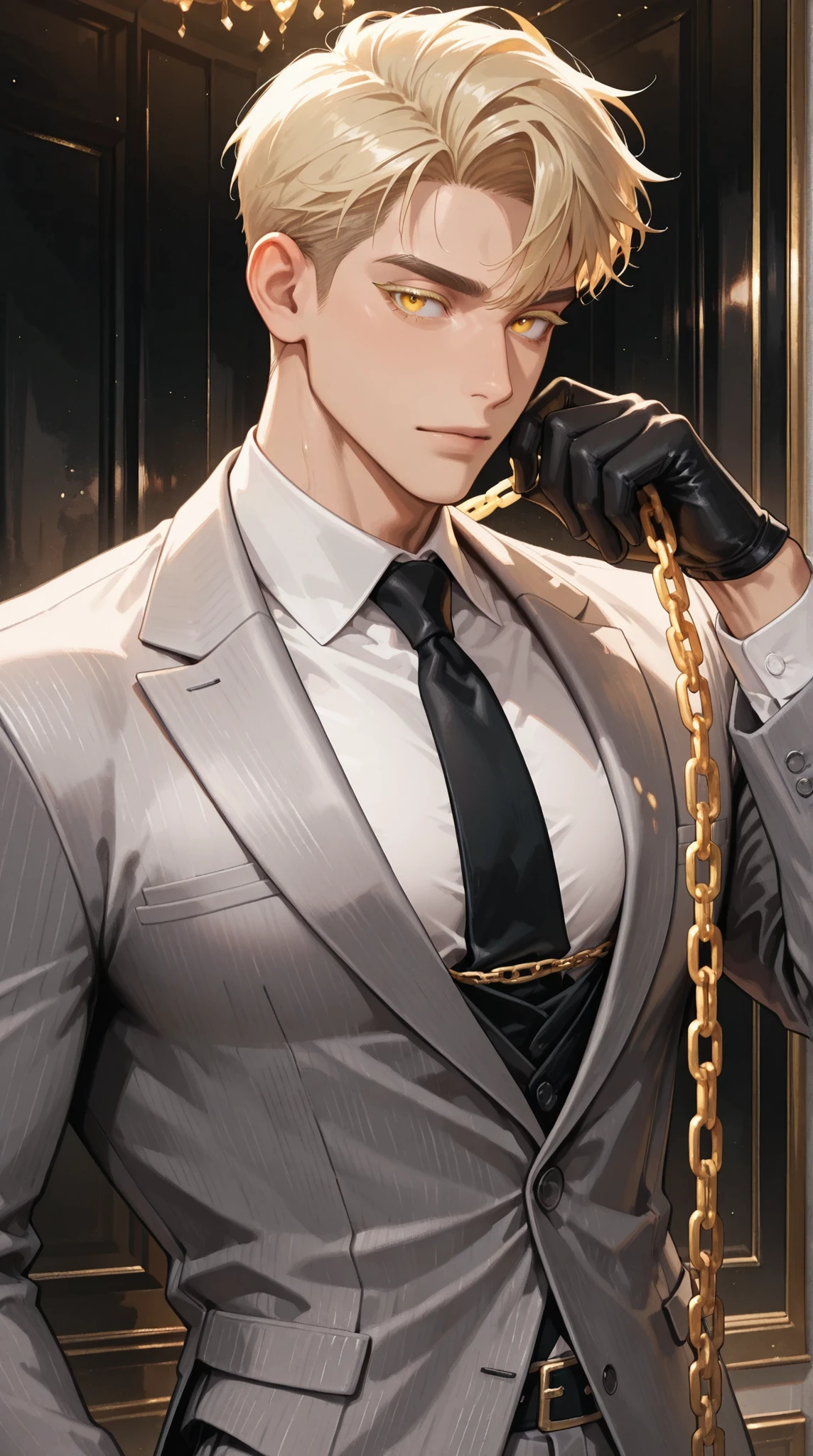 adult male, handsome, tall, Sung Hyunjae, ash-blonde hair, expressive yellow eyes, blonde eyelashes, The S-Classes That I Raised, solo, a sexy man holding a golden chain, handsome, sensual, gray suit, black necktie, white shirt, black gloves, ,, ultra-detailed, intricate details,masterpiece, best quality, amazing quality, hyper-detailed, newest, very aesthetic