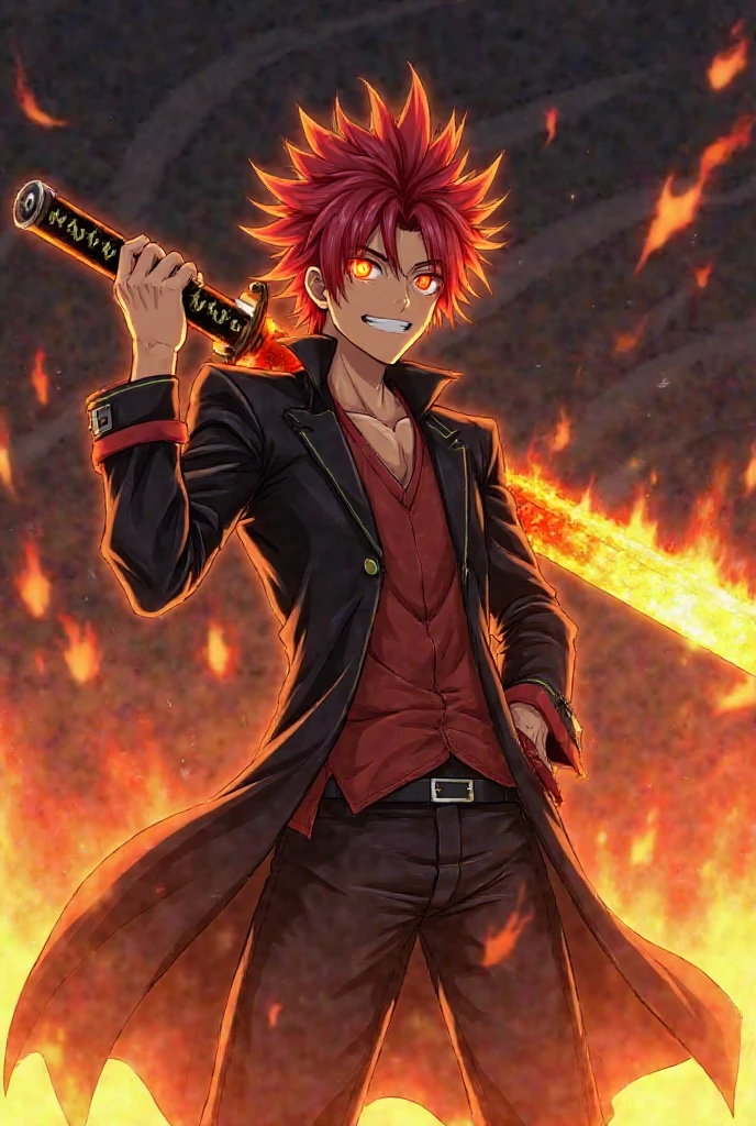 Half dragon boy, lightning, brave, open mouth, coat almost naked, eyes red with fire, flaming eye, sickle gun