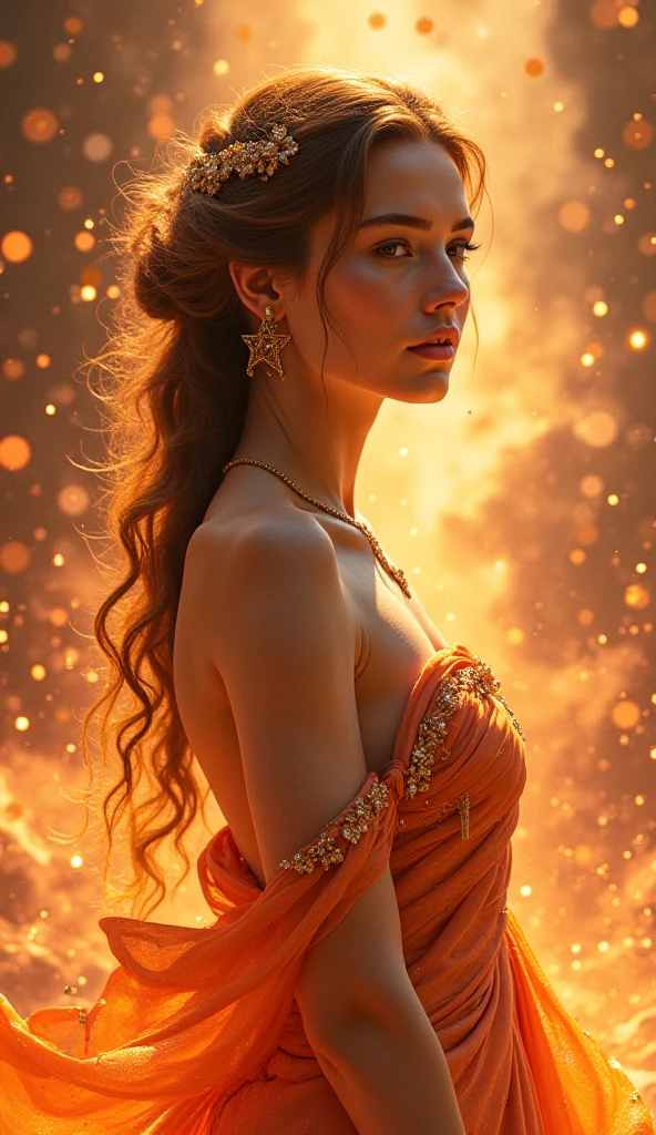 (absurdres, highres, ultra detailed), 1girl, zodiac sign - Virgo goddess , solo, mature, Baroque, long dress, long sleeve, elegant, colorful, highest detailed, upper body , sunset hair . Fire eyes . Brave, willful, productive, enterprising humanitarian face .