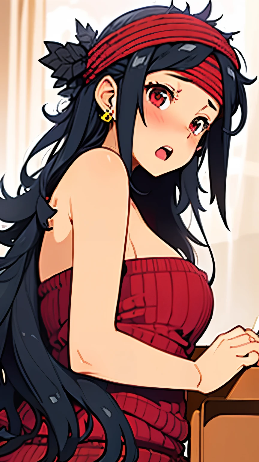 Masterpiece, absurderes ,Hana than Hinata, 1girll, Breasts, Solo, cleavage, Open mouth, orange kimono, view the viewer, Smile, Leaning forward, downblouse, Blush, 鎖骨, low-tied long hair, Medium breasts, Hakama skirt, Obi, cropped shoulders, Large breasts, :D, bent over ,Be red in the face,perspire,Lie down,Lie down in bed,Bedrooms,Happy expression