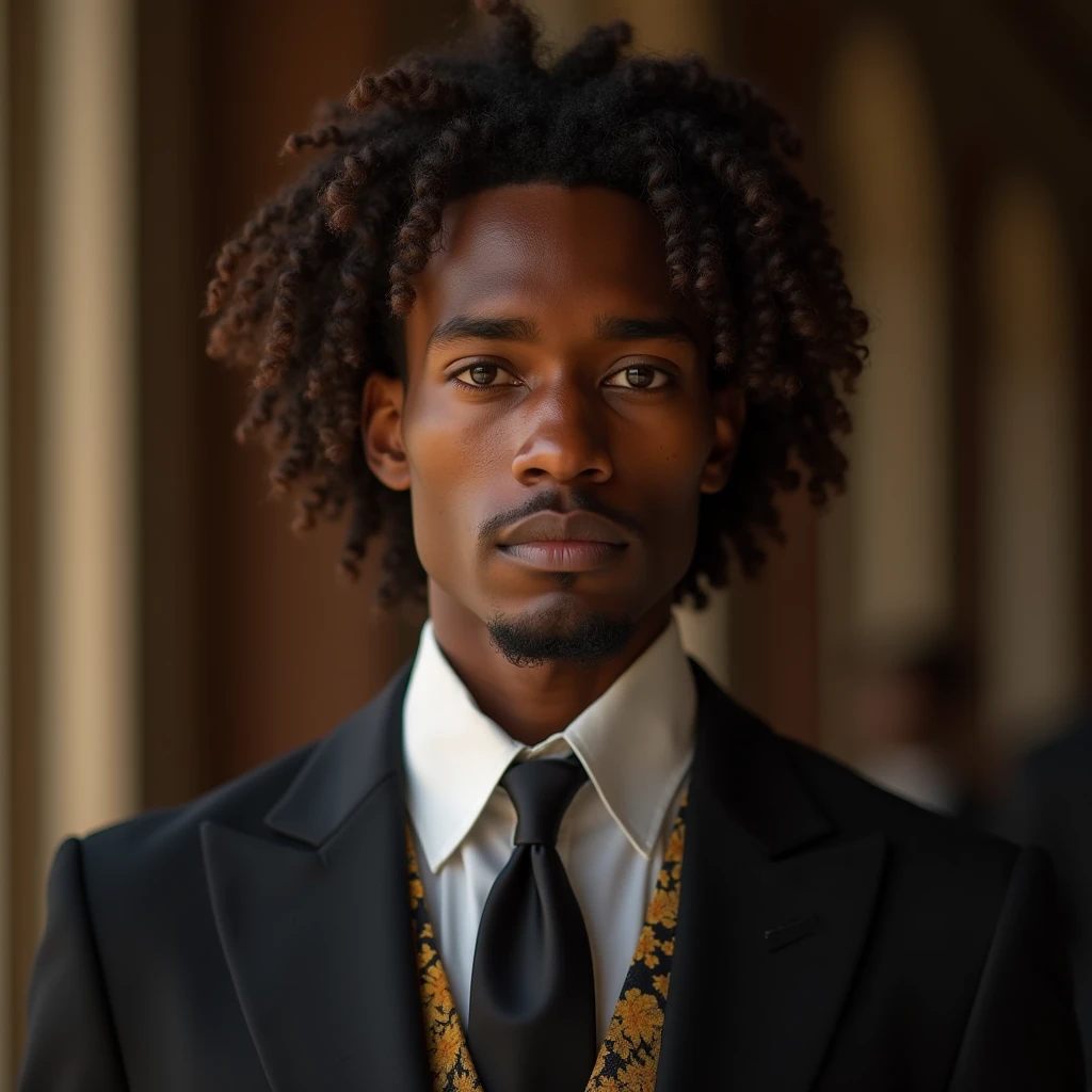 marshall_lee_fionna, young man, stubble, muscular, dreadlocks, broad shoulders, shirt, black hair, holding, upper body, male focus, necktie, formal,  dark skin, suit, black necktie, drinking glass, champagne flute,   <lora:marshall_lee_fionna-30:0.6>