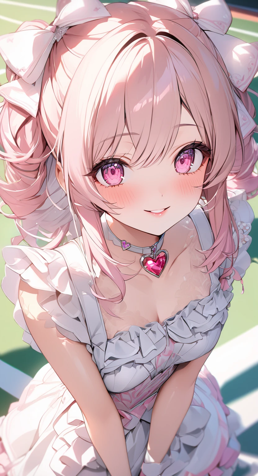 masterpiece, best quality, night, in a meadow, arms up, armpits, mesugaki, maid, very long hair, light blush, longeyelashes, eyeball, heart-shaped pupils, :p, smug, smirk, nose blush , shy, blush, embarrassed , seductive smile, heart-shaped eyes, breasts, huge breasts, bare_shoulders, barefoot, bare_legs, socks removed, panties under pantyhose, torn legwear, leg_lift, bent_over