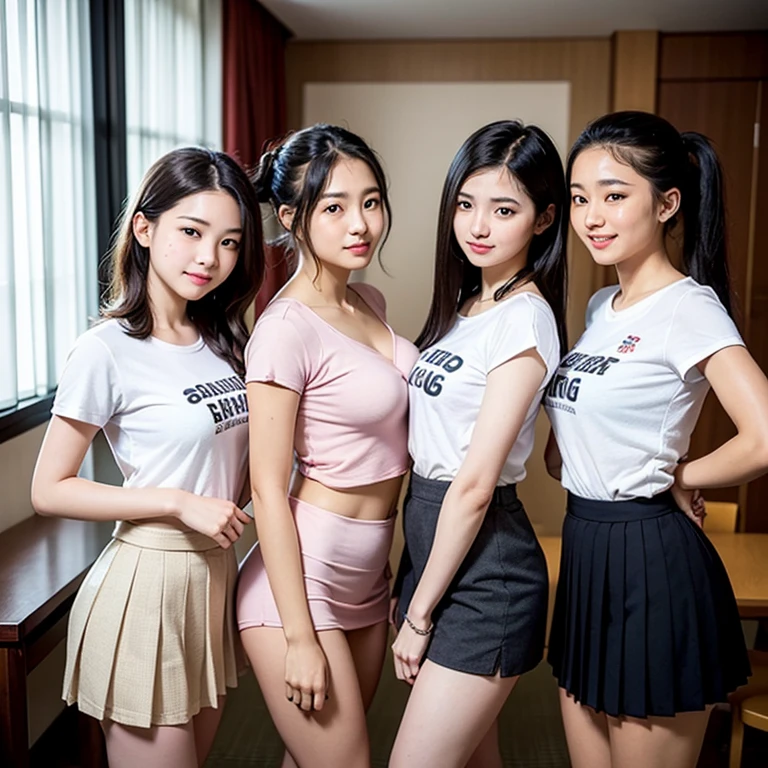 extremely detailed 3 cute girls, 25years old, best quality, ultra-detailed, masterpiece, cinematic light, realistic, photo realistic, (skirt lift), ((skirt lift by myself)), plain white panties , panties focus, blush, looking at viewer , half body shot , wearing off-shoulder shirt , bra, (crowd), (office meeting room) , short hair. bokeh background