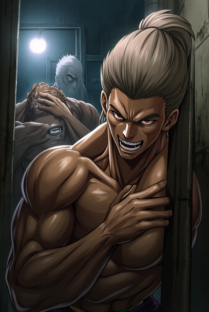 Hünkel,bandage,Silver Hair,Hulk-like body,(((18-year-old boy,Huge penis))),((Being pinned down by black tentacles)),Open your arms wide and clench your fists,Open your mouth wide,Wide, unfocused eyes,Many protruding veins,((Black tentacles attack from behind)),((Black liquid spurts out from the pit of the stomach:1.5)),Full body images,Painful expression,Grey undershirt,Huge erect penis,A lot of sweat, tears, drool and semen,In the middle of the Colosseum,Gives off an evil aura,Standing karate stance,Toned Muscles,rape,Devil's Body