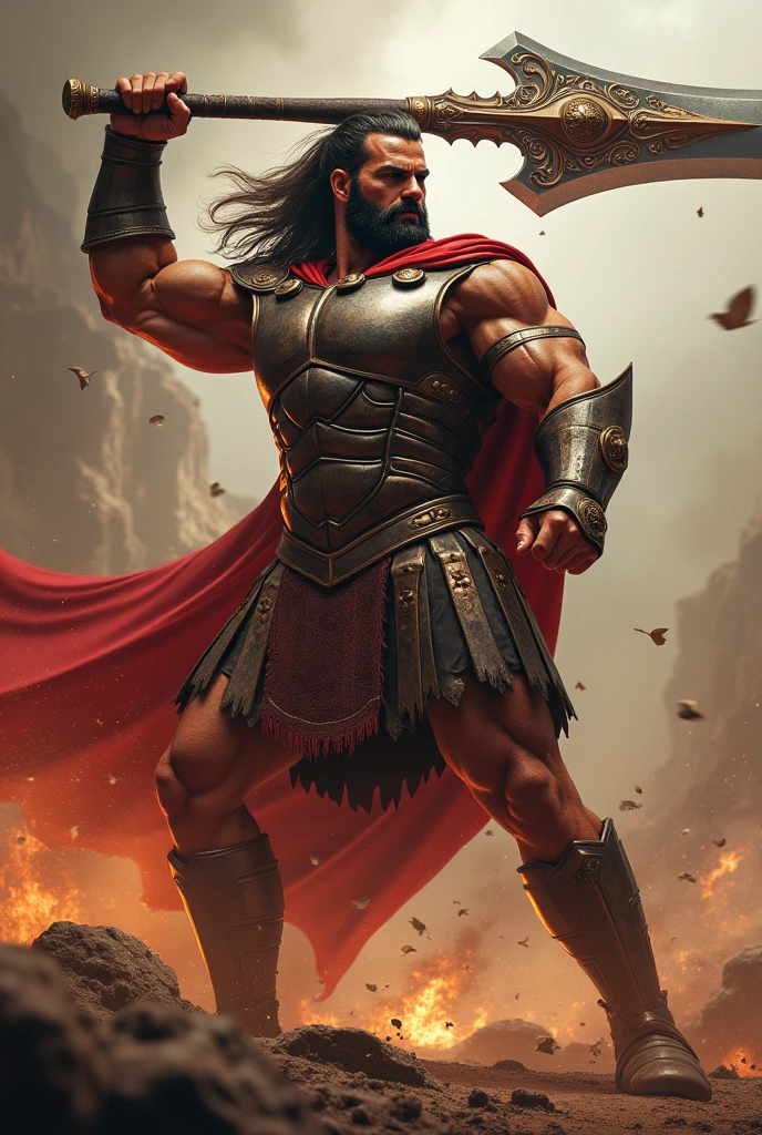 masterpiece、Highest quality、Highest quality、Detailed Description、Brave、art、Epic、One strong man、Greek Mythology、Based on the hero Hercules、An epic battle、With a sword and shield、battlefield、Sharp Eyes、4K Graphics