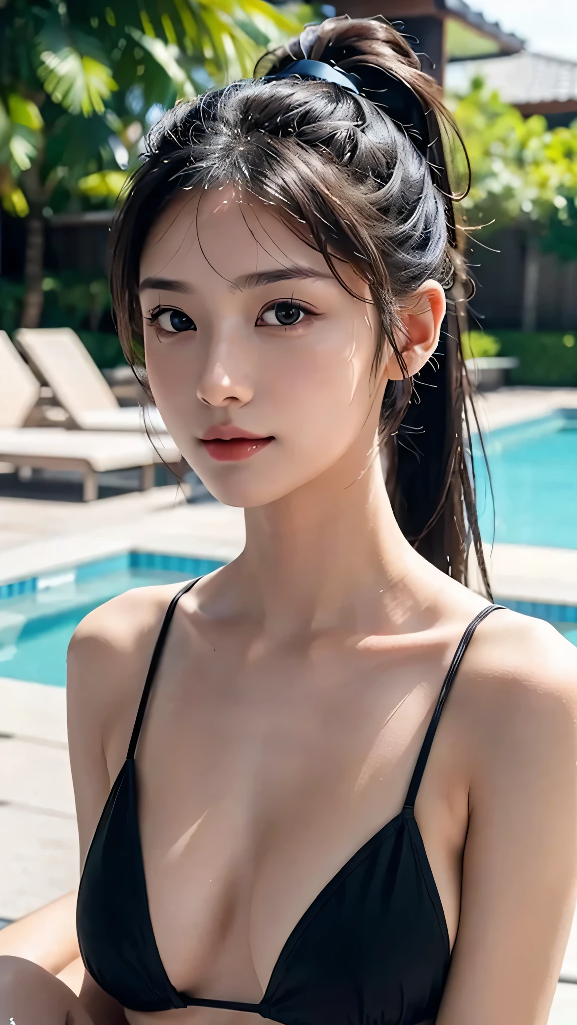 Pool at night,bikini swimwear,One woman,close up face,fully body photo,masutepiece, The highest image quality, High quality, the background is clear,Beautiful woman, Japanese, Detailed, Detailed eyes, Detailed skin, Beautiful skin, 超hight resolution, (reality: 1.4),Very beautiful woman, Slightly younger face, Beautiful skin, slender, (Ultra photo realsisim), (hight resolution), (8K), (Very detailed) (beautifully detailed eyes), (super detailed), (Detailed face), view the viewer, Fine details, Detailed face, Staring straight ahead, Staring straight ahead, photos realistic, Bright lighting, Professional Lighting, Black hair,poneyTail,a baby face,sixteen years old,Hairstyle: ponytail,Long ponytail hairstyle,slight smile,