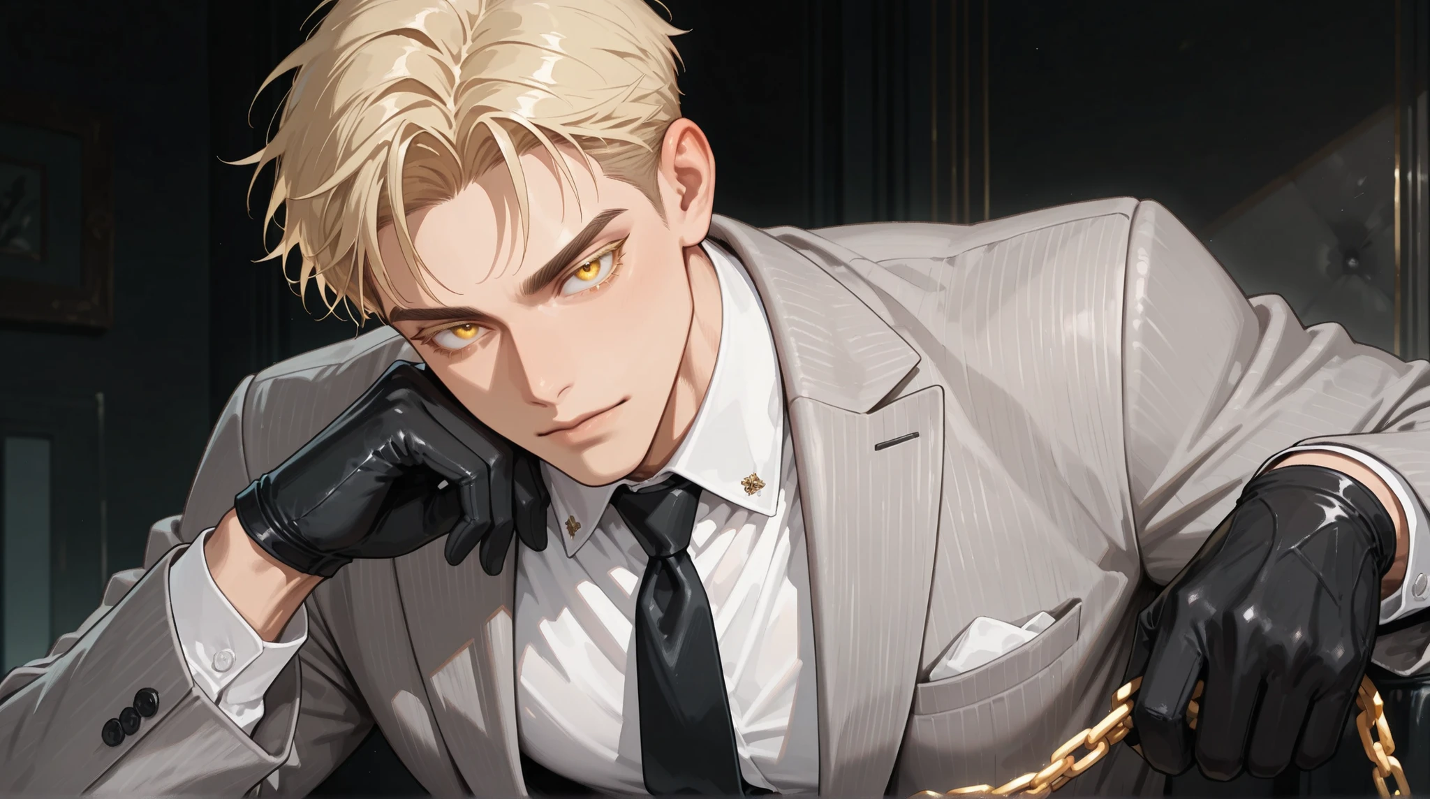 adult male, handsome, tall, Sung Hyunjae, ash-blonde hair, expressive yellow eyes, blonde eyelashes, The S-Classes That I Raised, solo, a sexy man holding a golden chain, handsome, sensual, gray suit, black necktie, white shirt, black gloves, ,, ultra-detailed, intricate details,masterpiece, best quality, amazing quality, hyper-detailed, newest, very aesthetic
