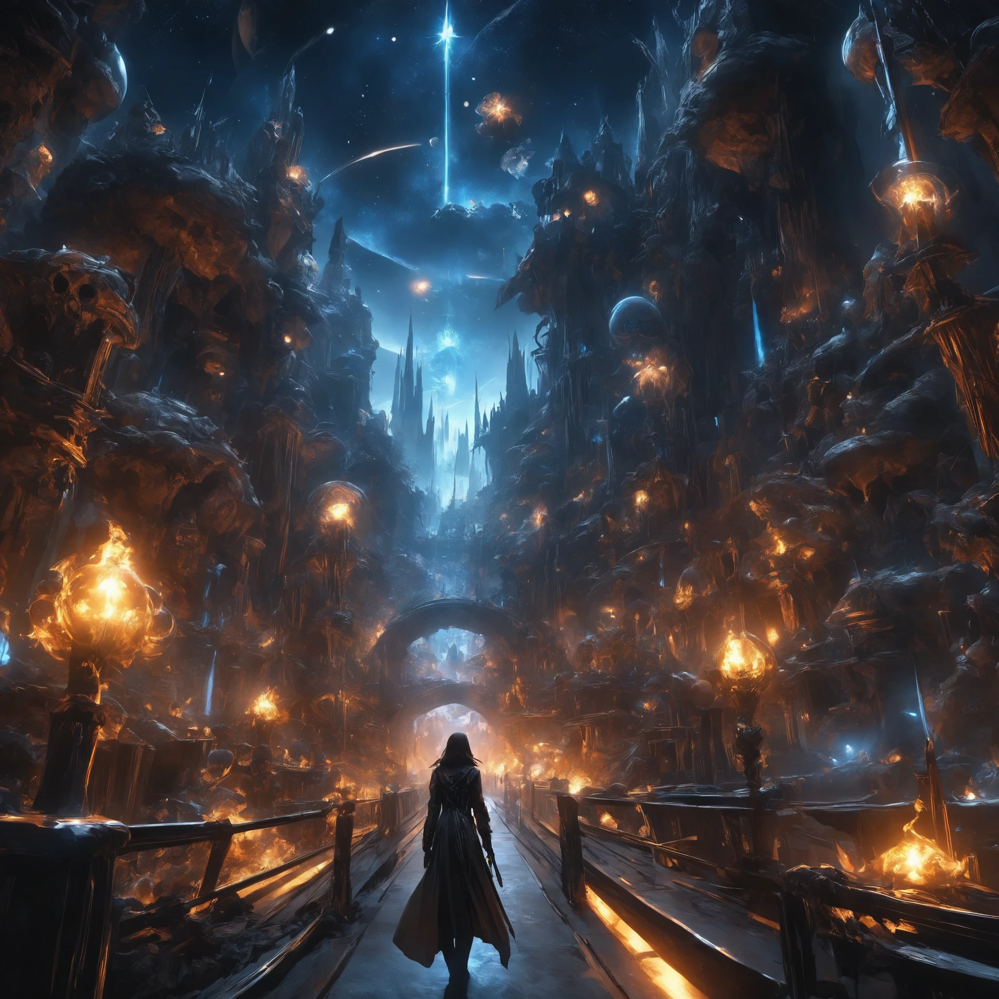 (Sci-fi, dark fantasy mixed, low glowing scene, \Written with an illumination pen\),
\theme;\Journey to the Underworld Built in Space, POV of the Traveling Dead,
BREAK (Left Hand with Only Bones, Holding a Clear, Blue Candle, The World After Death Appeared Right in Front of Me, Cosmic Chill Art),
amazing world,