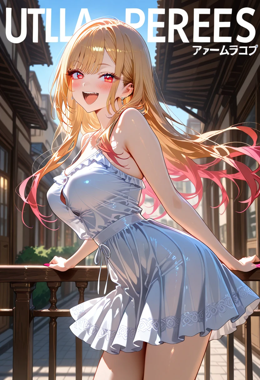 ((best quality)), ((masterpiece)), (detailed), perfect body, A sexy Blonde Girl, small boobs, pink dress with angel wings. small Boobs poking out.