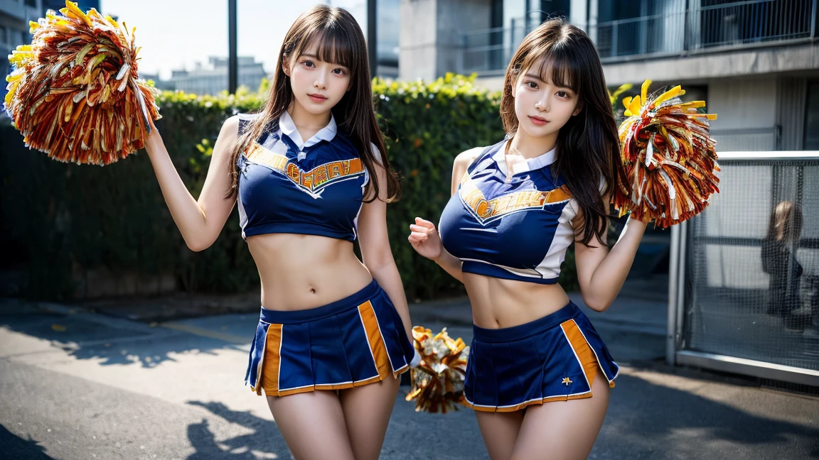 (RAW photo, 4k, masterpiece, high resolution, extremely complex) (realistic: 1.4), cinematic lighting
((2 girls, 2 schoolgirls)),blushing,((innocent)),bright eyes,round eyes,blunt bangs,(short bob hair:1.3),black hair,large breasts,wide hips,Summer Noon, ,Hot, (Best Quality), (Highres), (an Extremely Delicate and Beautiful),(Beautiful 8k face),(Brown eyes),( spectators),(gigantic breasts),(Play with each other,Touching each other's bodies,Touching the body),(cheer girl:1.5),(a miniskirt),(reality),bright lighting,(The background is a luxury hotel room)