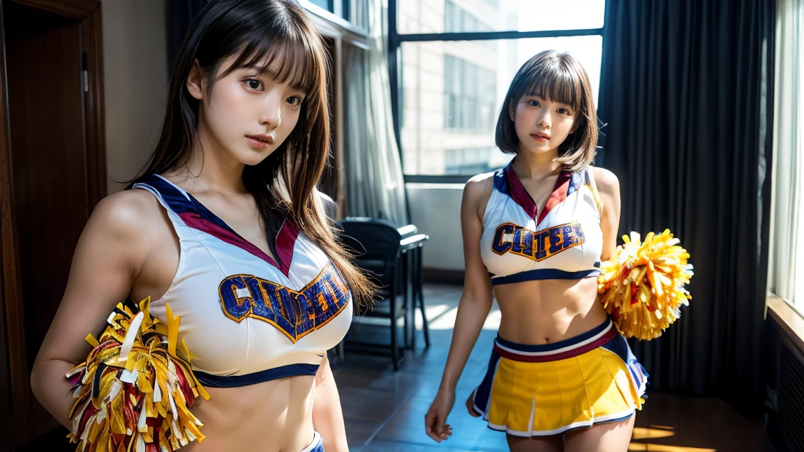 onoff,side-by-side photo,split screen,((Best Quality, 8k, photo realistic:1.4, Masterpiece)), back Lighting, highly detailed facial textures women, 1girl,Japanese,28yo, (((bule Cheerleader:1.2))), ((Stadium Background: 1.2)), arm up, ultra-detailed skin, beautiful make up, detailed eyes, smile, open mouth, shiny brown messy short hairstyles,(Slender body),(pussy),nipples,nude,(:1.4),