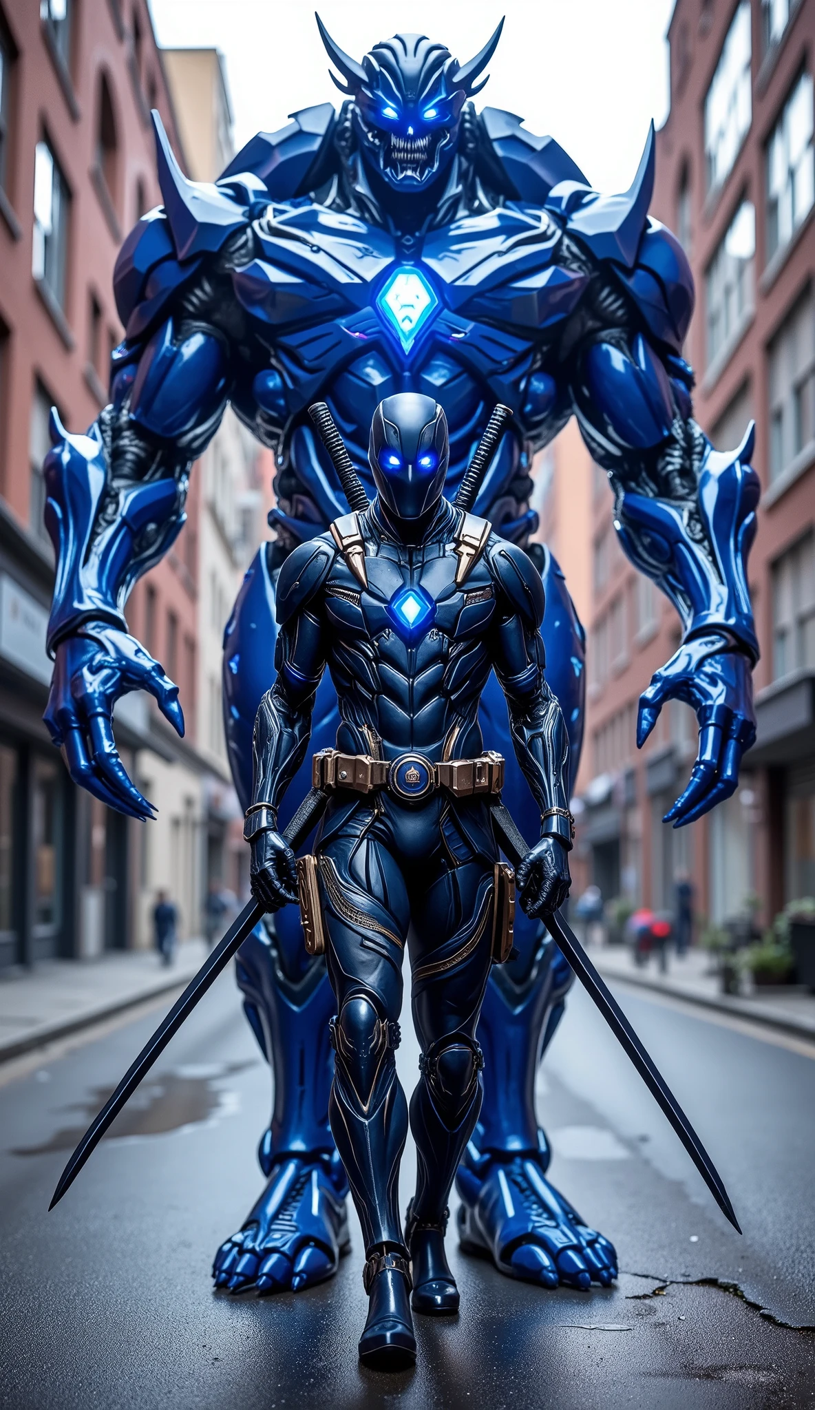 AI Prompt:
Deadpool wears a radiant blue gemstone-themed suit, crafted with deep sapphire textures that shimmer like finely cut jewels. The armor panels resemble faceted crystal, layered over a dark navy tactical bodysuit, with silver lining and glowing accents across the chest, arms, and mask. A blue gemstone Deadpool logo glows softly at the center of his chest. He walks forward with a cool, confident posture, head tilted slightly as light reflects across the gem-like surfaces. Katanas with sapphire-encrusted hilts are strapped to his back, adding to his royal and lethal look.
Behind him stands a 9-foot-tall humanoid monster, fused with the power of blue gems and monstrous design. Its bulky, muscular frame is encased in semi-transparent sapphire armor, pulsing with icy blue energy veins beneath the surface. Its face is beastly, with a crystalline jaw, sharp glowing fangs, and piercing blue eyes that shine through a gemstone-studded helm. Spiked shoulders, massive arms with clawed sapphire hands, and a glowing crystal spine add to its terrifying elegance.
The background is a quiet, modern city street, surrounded by buildings that reflect the natural daylight onto the characters. The scene is captured in a medium full shot, showcasing Deadpool and his blue gem guardian in ultra-realistic, cinematic style.
