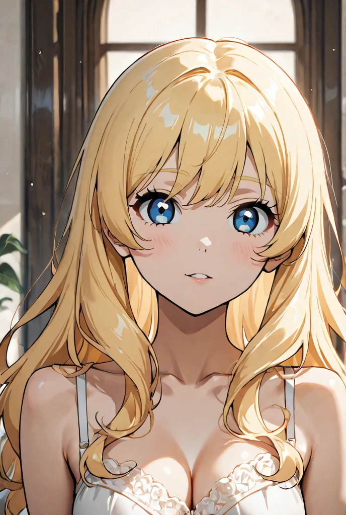 praying posture、Blonde wavy hair、Brown skin、Floral Camisole Dresses、Vermeer's style