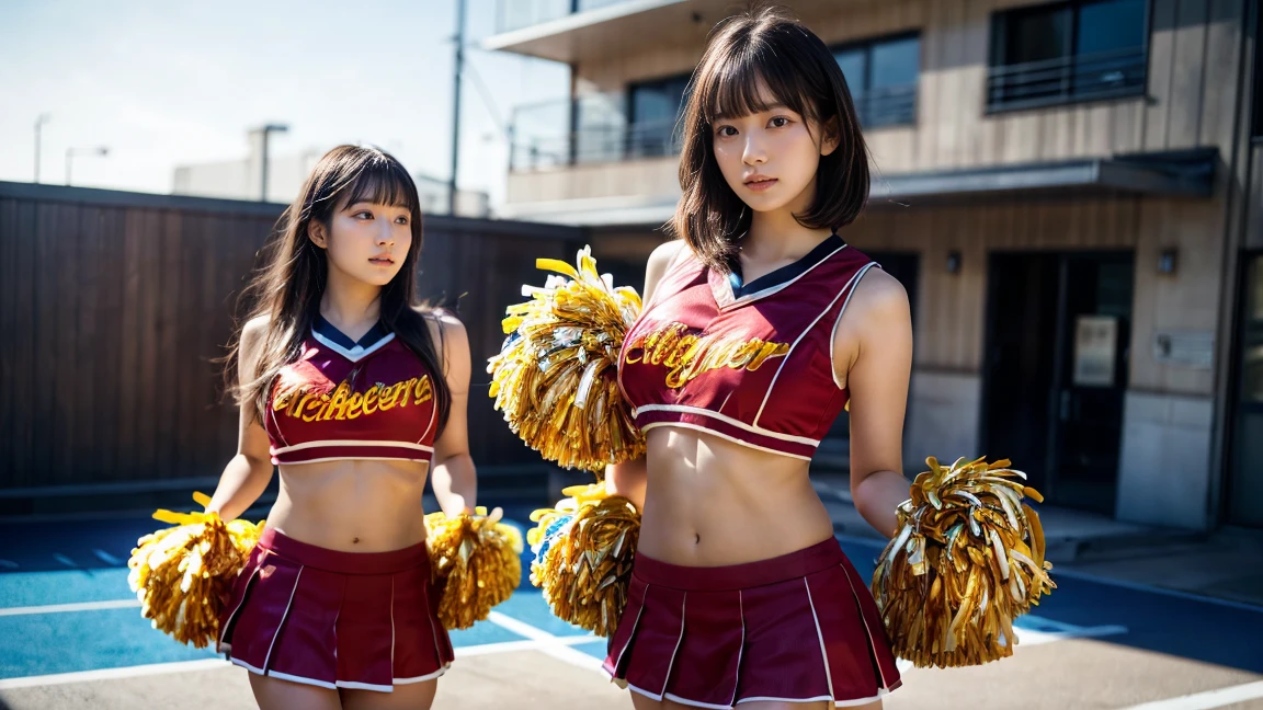 Highest quality，masterpiece，Ultra-high resolution, Very detailed, 8K，a 17 years old beautiful Japanese woman:1.5, blunt bangs, Very short hair、　Small face, ?????? Augmentation Surgery、　(A gorgeous red cheerleader costume:1.5), Stadium seats、　height:175cm
