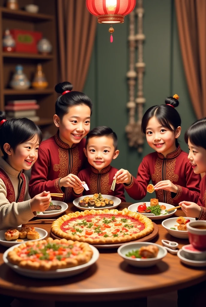 Photo of family sitting around the dining table，The table is filled with a variety of seafood，The children and elders of the governor rejoiced，Family dinner，Chinese New Year's Eve night、New Year background