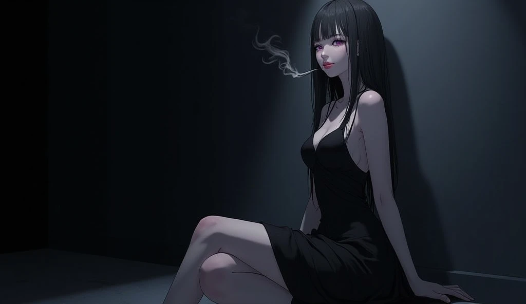 Adult gray woman, long black hair, red eyes, gray skin, Rich black dress, smirk, Smoke, The Masterpiece, hig quality