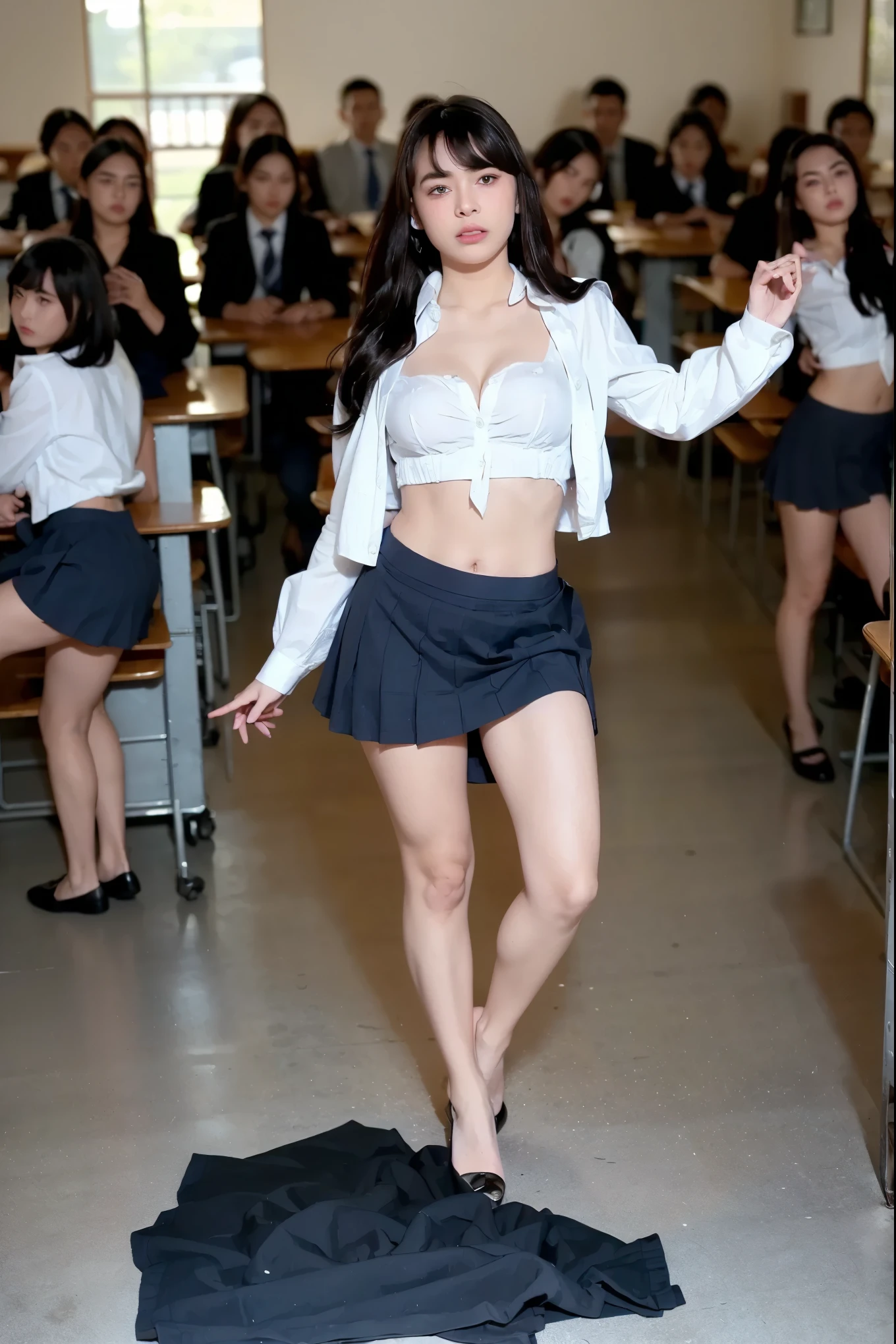 ((Bare naked beautiful girl:1.3)) ((unbuttoned school uniforms white shirt:1.4, dancing for tiktok, showing small breast nad her nipples:1.5)) ,(( lifting her dark blue skirt:1.3, showing bare pubic haired pussy:1.5)),((crowded class room:1.5)),((close-up:1.2)) best quality,masterpiece,ultra high res,(photorealistic:1.4),raw photo,(Authentic skin texture:1.3),narrow waist,cowboy shot,((full body:1.3)), (((looking to camera)))