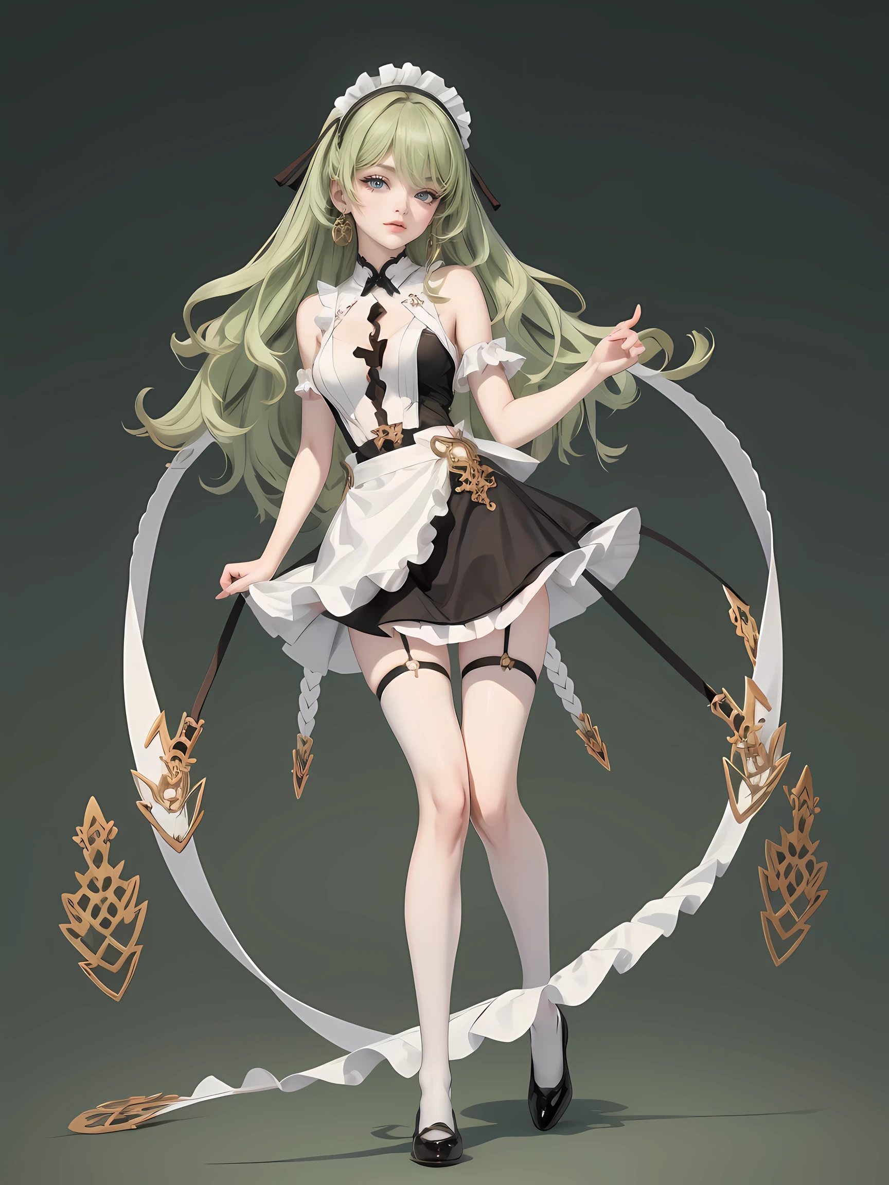 1girl, green hair, harness, white cropped and skirt, chinese maid design, solo, buns hairstyle, symmetrical gloves, high socks, puffed socks, harness, chinese maid dress, v neckline, garter on the legs, stand up, white apron, maid dress, chinese maid, chinese aesthetic, thigh gap, tassel, harness, very long hair, solid background, chinese maid uniform, full body, too many frills in her dress, magical girl, perfect anatomy, gold jewelry, harness, jewelry, Cute pose, beautiful buns hairstyle, tassel, glow eyes, long hair with buns and bangs, high thigh, frills, harness, chinese maid uniform, chinese maid dress, white apron, garter on the legs, gold jewelry, solid background, stand up, blushing, maid headdress, chinese maid dress with too many frills, Chinese aesthetic, puffed skirt, harness, centered girls, full body, glowing hair, magical girl, more details on her clothes, golden details on her dress, tassel