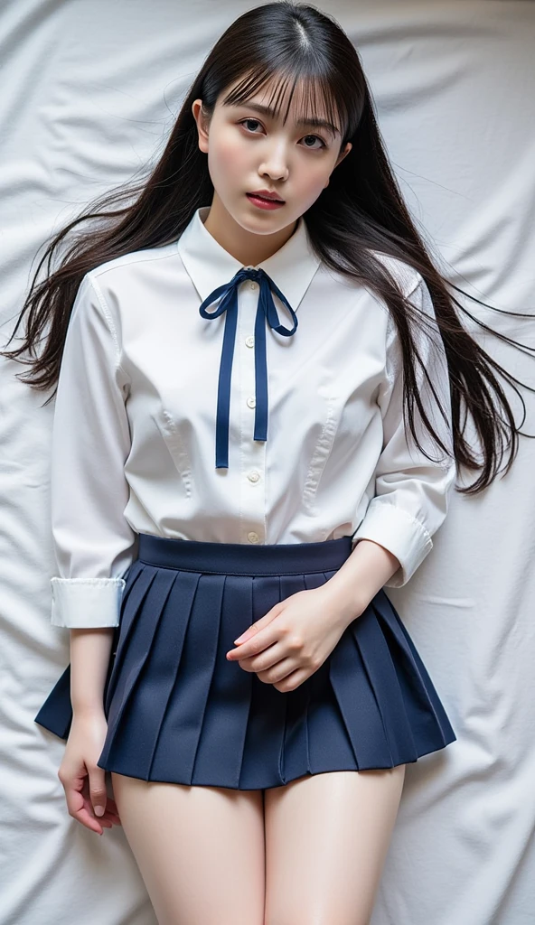 masterpiece, best quality, 8k, official art, raw photo, incredibly absurdres, beautiful girl, pretty face, (sitting, cowboy shot, school uniform, thighs:1.2), white shirt, looking at viewer, teen, classroom, ultra realistic, highres, photography, navy pleated skirt, film grain, chromatic aberration, sharp focus, facelight, dynamic lighting, cinematic lighting, highest detailed, extreme detailed, ultra detailed, finely detail, extremely detailed eyes and face, tie
