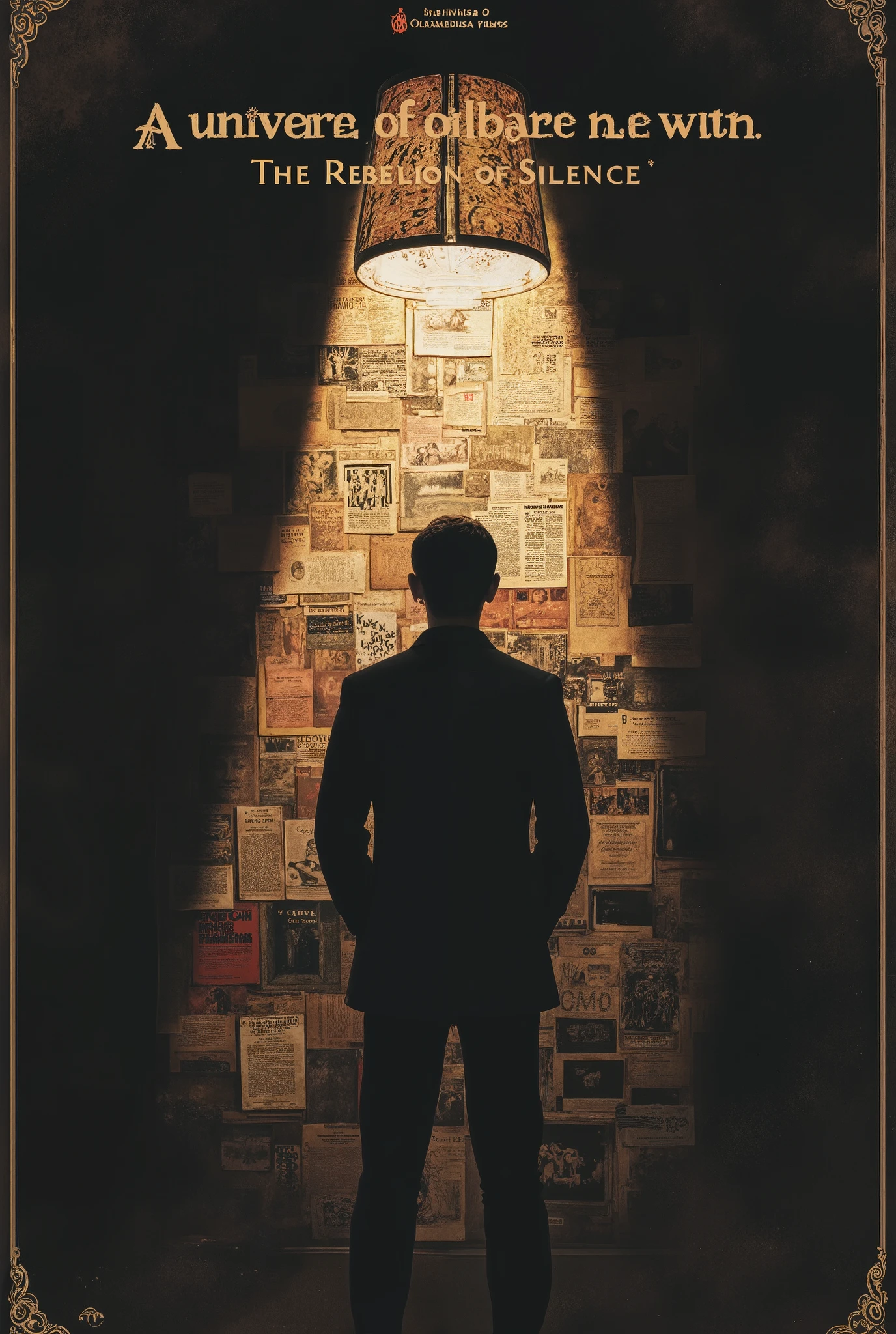 Create a classic-looking poster about a representation of texts by; The Rebellion of Silence. Use lamp , Old publications and the silhouette of a man with his back. The text to be inserted is; A universe of Olbamedusa Films.
