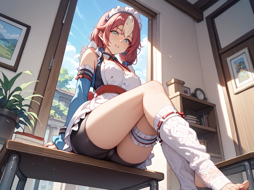 1girl, solo, sexy nurse suit, miniskirt, exposed panties, bangs, happy, posing, multicolored hair, Arima Kana, hat, beret, (masterpiece: 1.2), highres, best quality, 8k, nursery, nurse suit, nursing supplies, doctor's office, full body, posing, sensually, (bare legs, garter stockings, crossed legs, big breasts.)