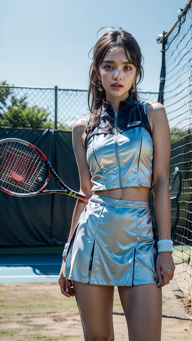 girl inshiny latex playing tennis